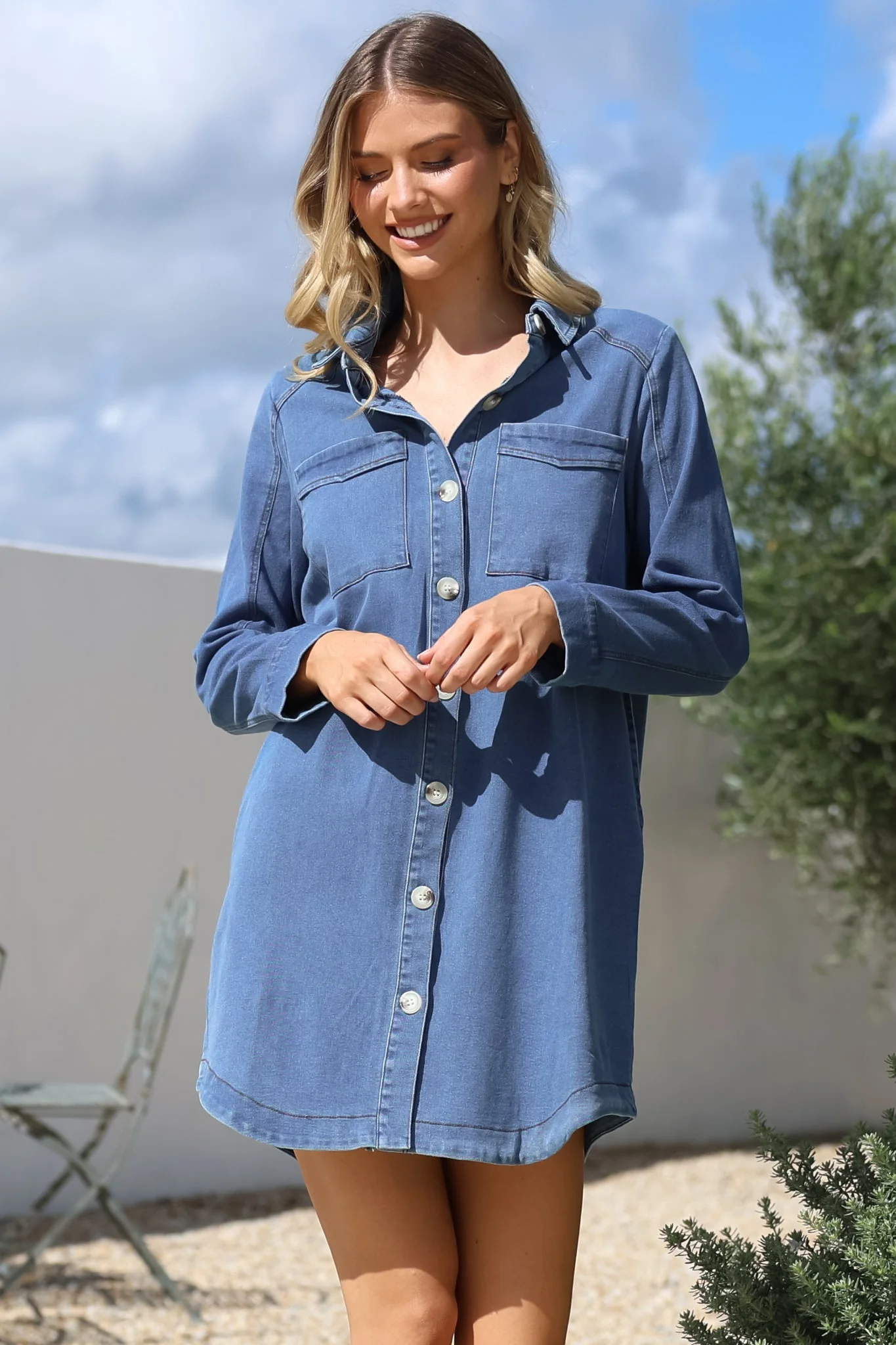 Kaylee Mini Dress - Collared Button Down with Scoop Hemline and Long Sleeves in Denim Blue - Image 5