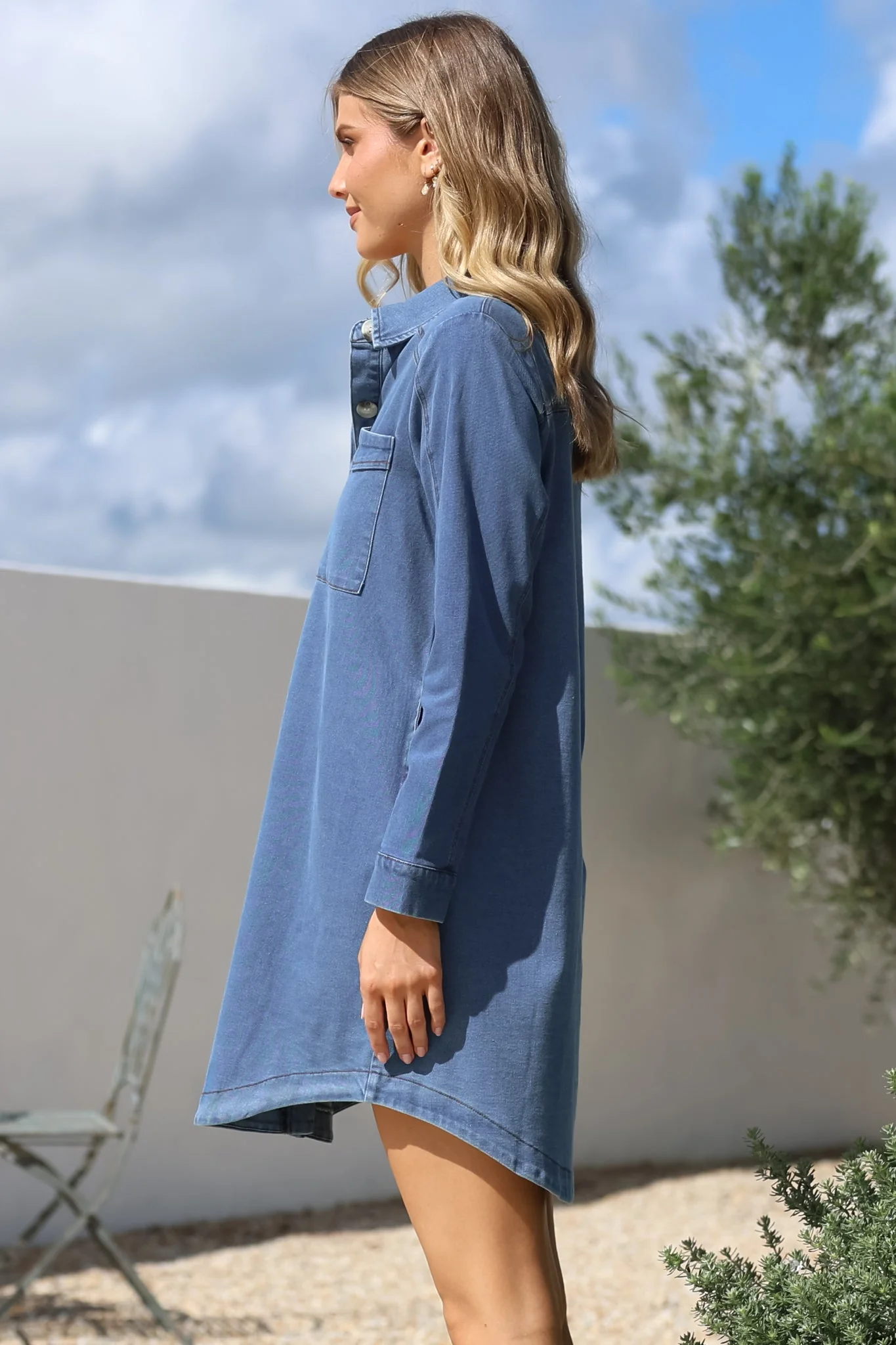 Kaylee Mini Dress - Collared Button Down with Scoop Hemline and Long Sleeves in Denim Blue - Image 6