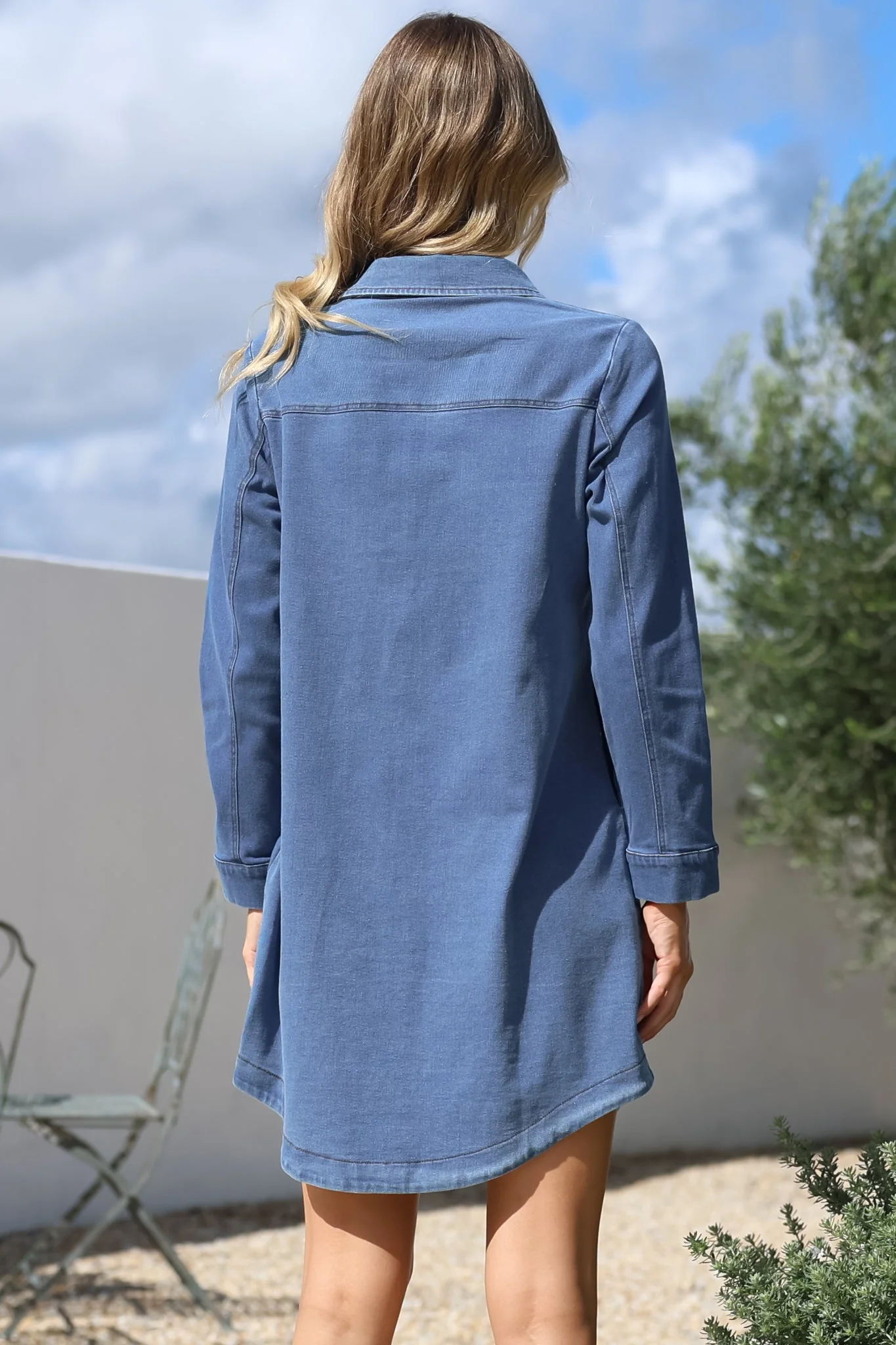 Kaylee Mini Dress - Collared Button Down with Scoop Hemline and Long Sleeves in Denim Blue - Image 7