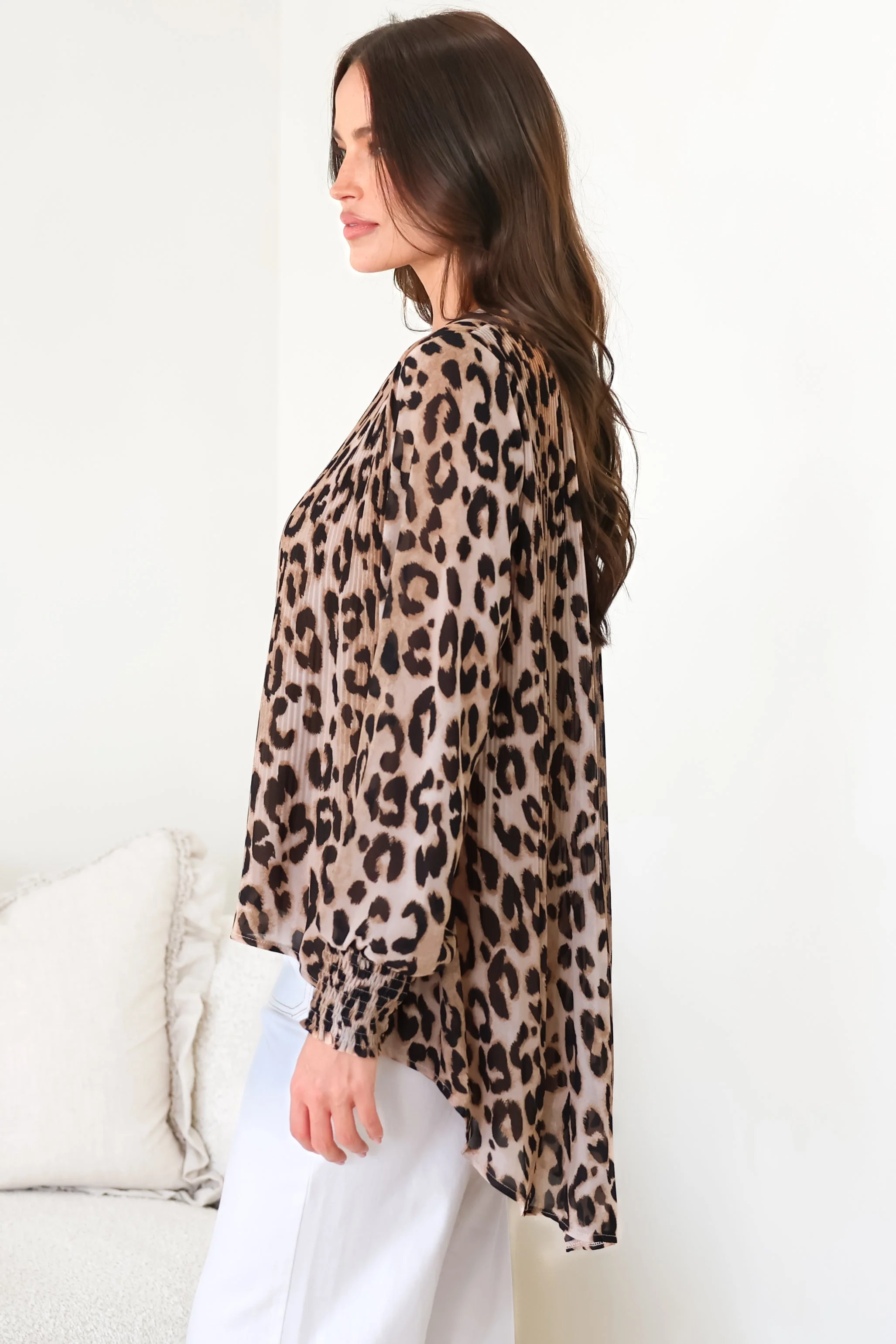 Kayt Blouse - Plisse Long Sleeve Top with High-Low Hemline in Leopard Print - Image 16