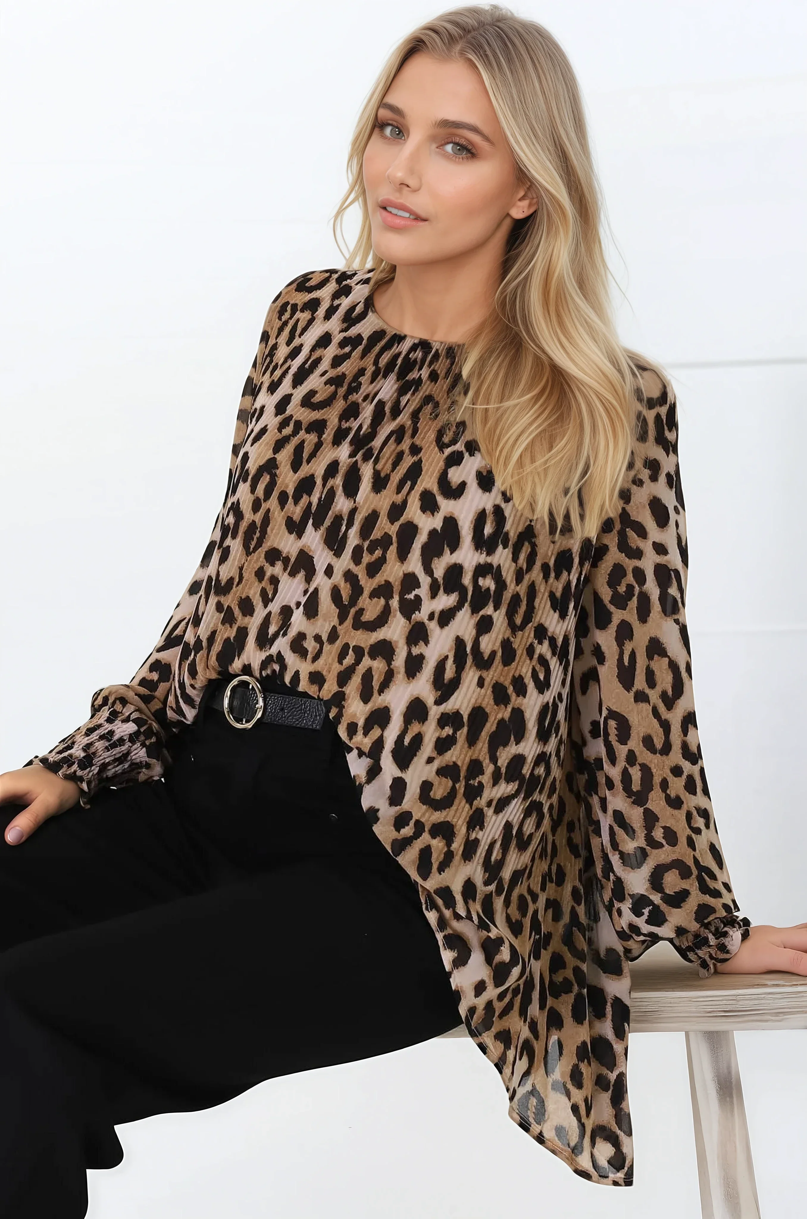 Kayt Blouse - Plisse Long Sleeve Top with High-Low Hemline in Leopard Print - Image 3