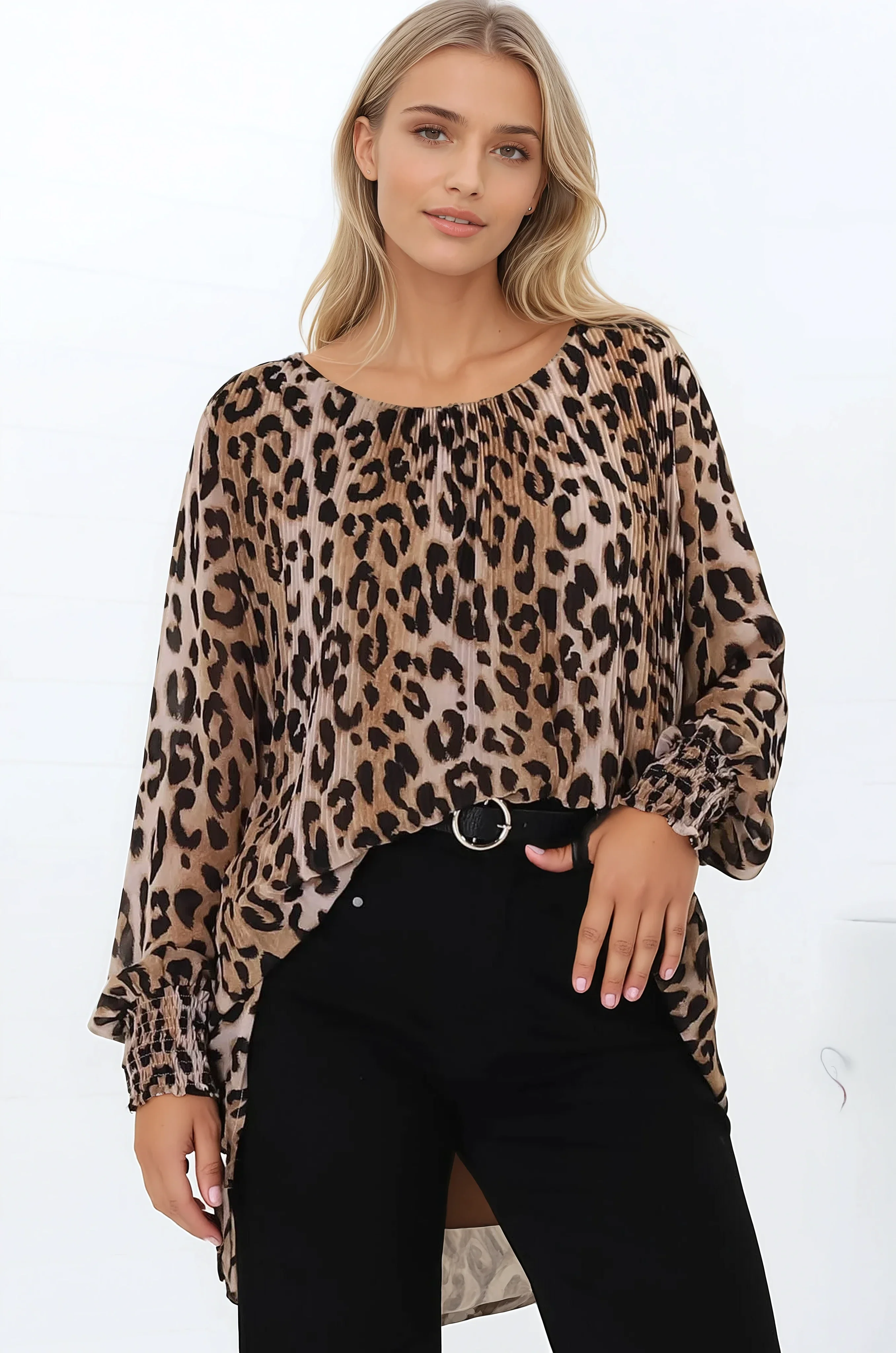 Kayt Blouse - Plisse Long Sleeve Top with High-Low Hemline in Leopard Print - Image 5