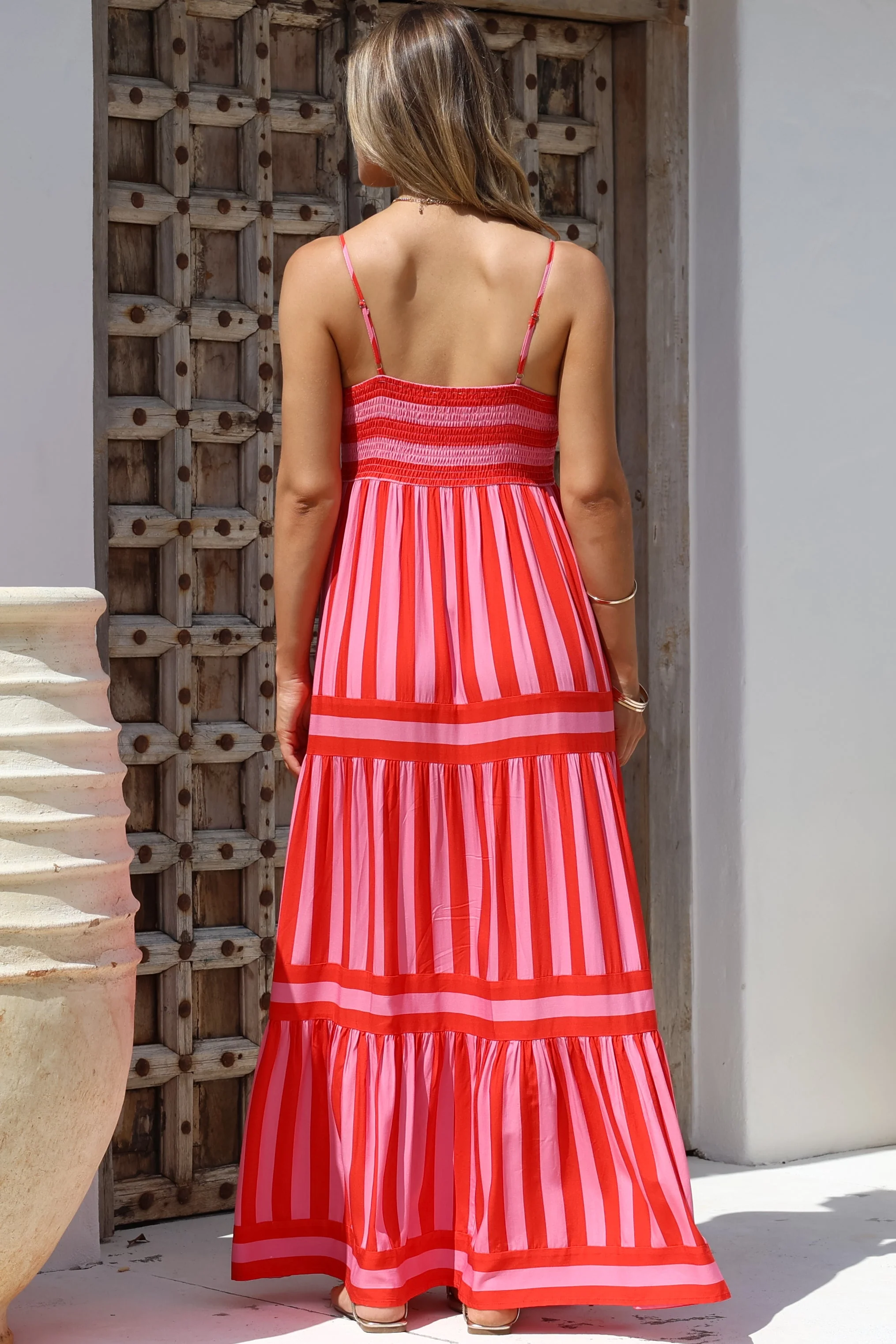 Kelis Maxi Dress - Adjustable Strap Sun Dress with Pockets in Bandi Stripe Pink - Image 9