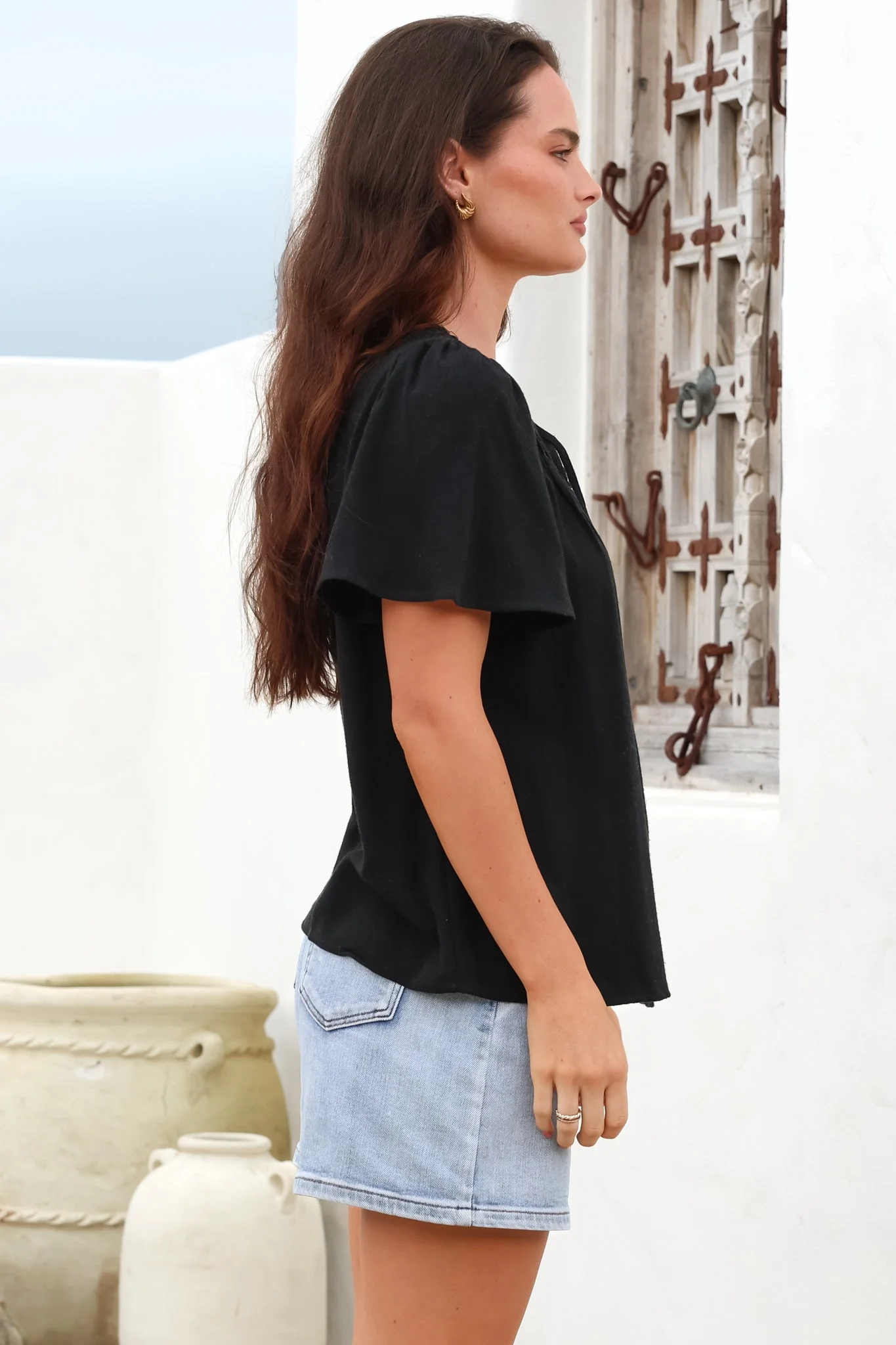Kendra Top - V Neck Short Sleeve Top with Necktie in Black - Image 7