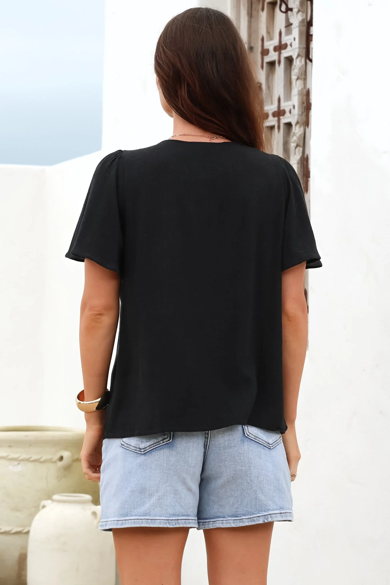 Kendra Top - V Neck Short Sleeve Top with Necktie in Black - Image 8