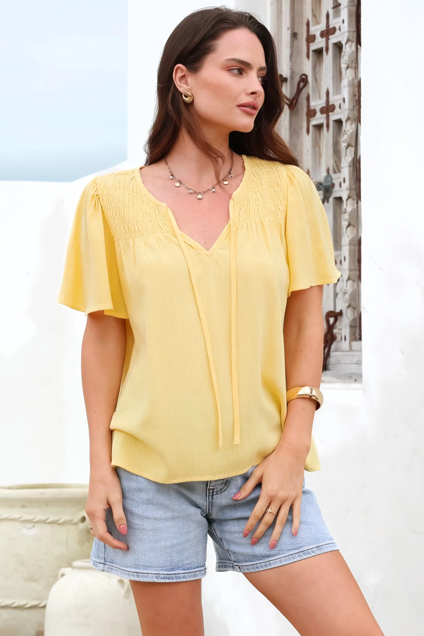 Kendra Top - V Neck Short Sleeve Top with Necktie in Lemon - Image 3