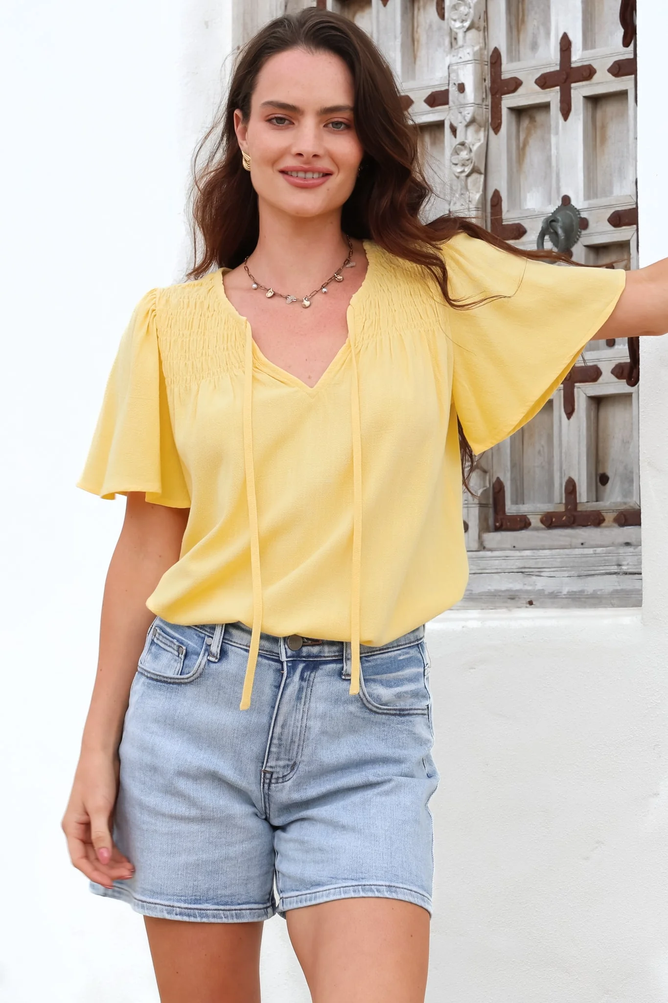 Kendra Top - V Neck Short Sleeve Top with Necktie in Lemon - Image 4