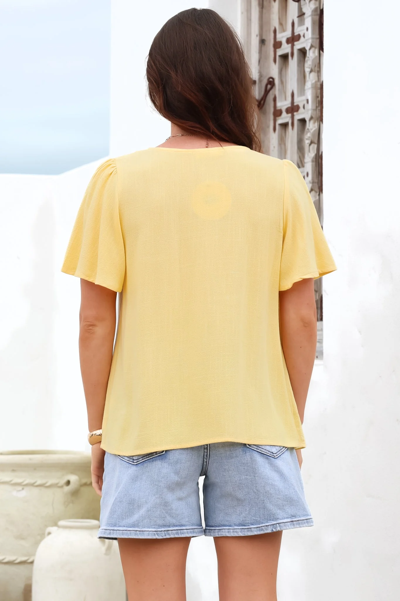 Kendra Top - V Neck Short Sleeve Top with Necktie in Lemon - Image 8