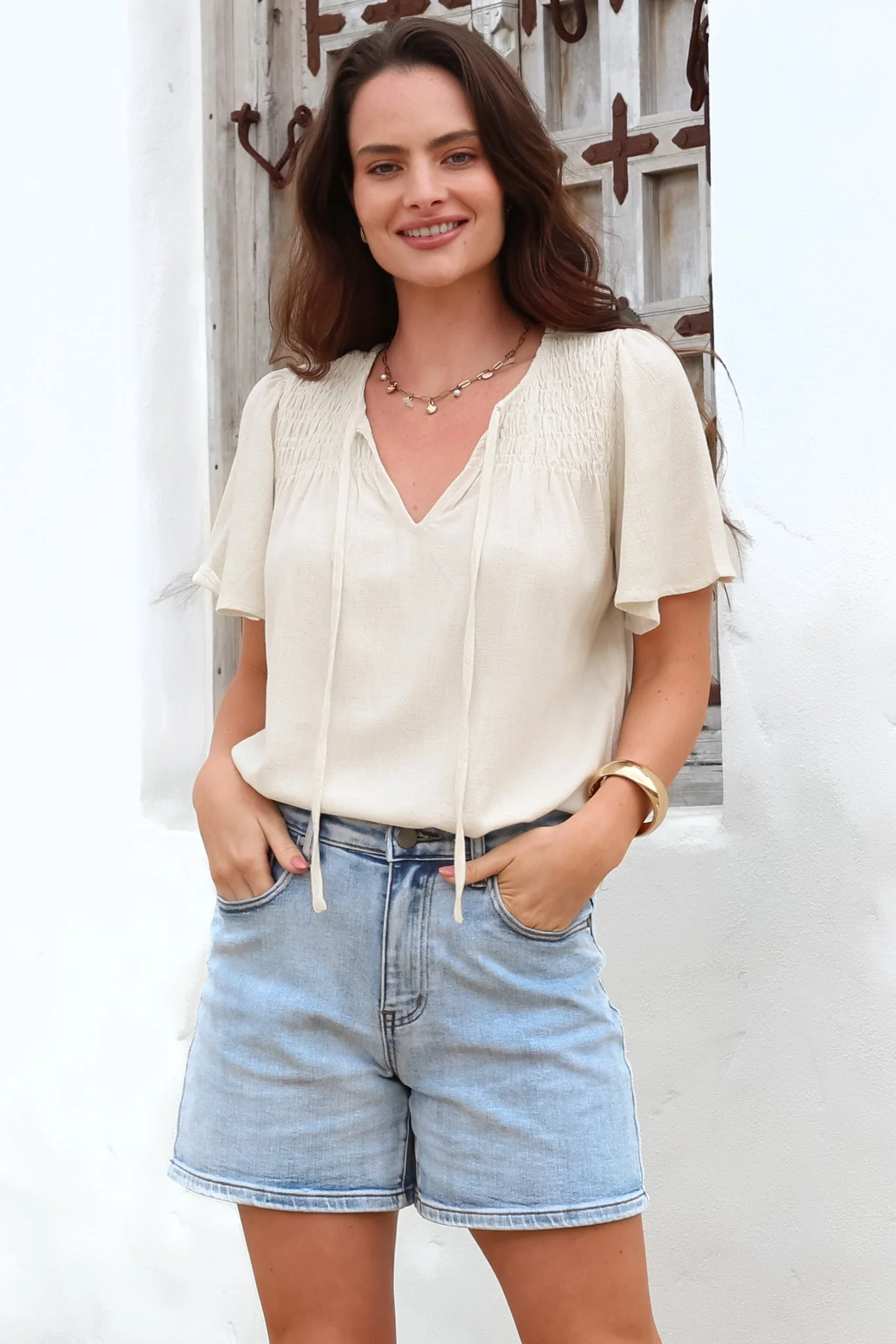 Kendra Top - V Neck Short Sleeve Top with Necktie in Oat - Image 4