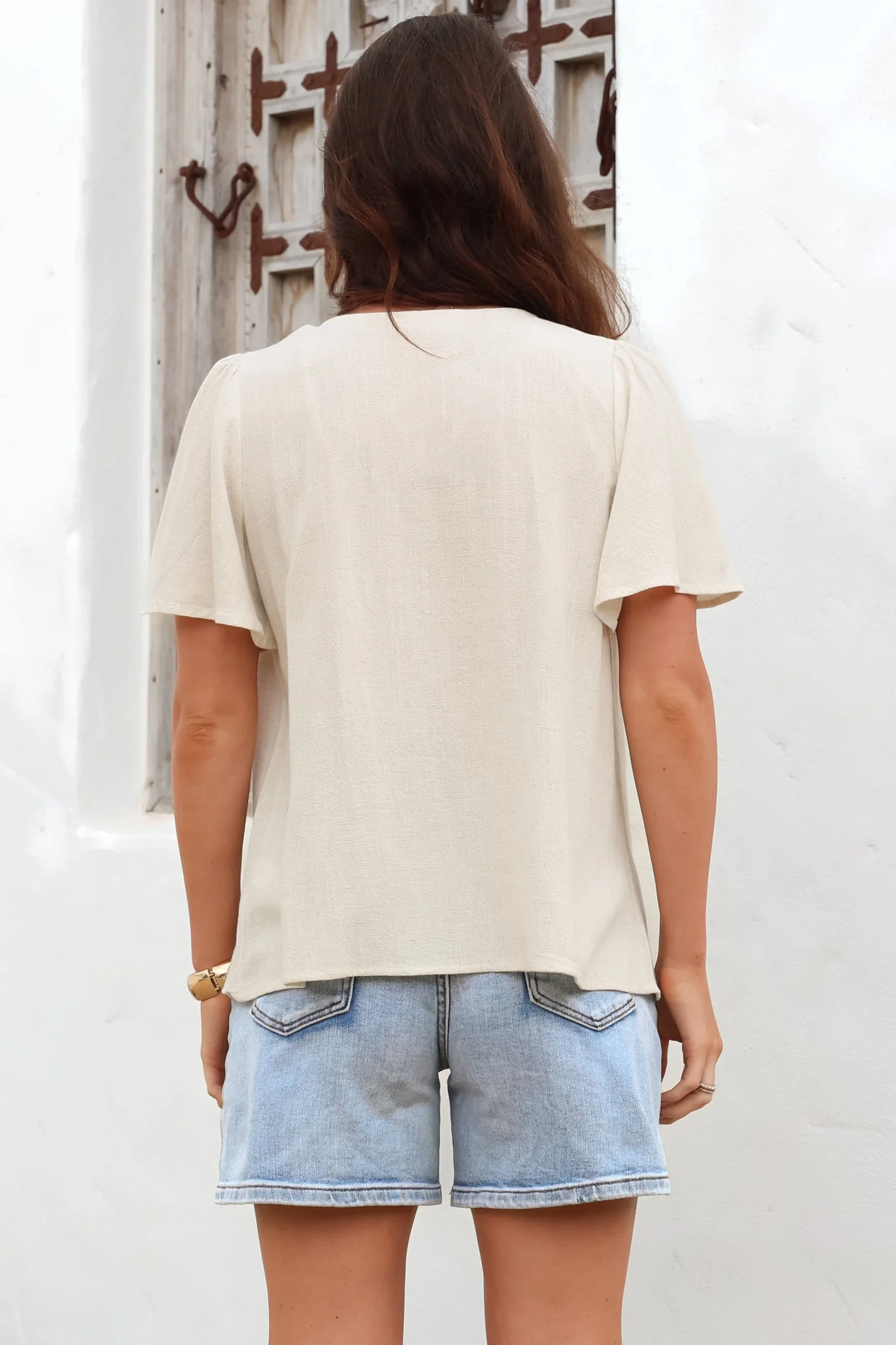 Kendra Top - V Neck Short Sleeve Top with Necktie in Oat - Image 7