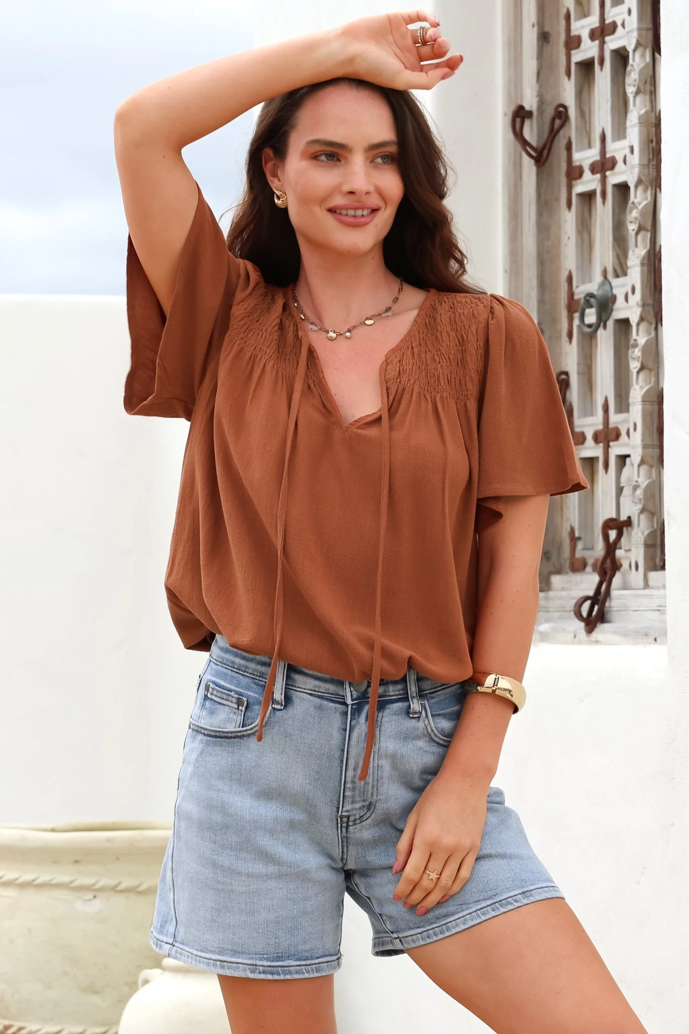 Kendra Top - V Neck Short Sleeve Top with Necktie in Tan - Image 2