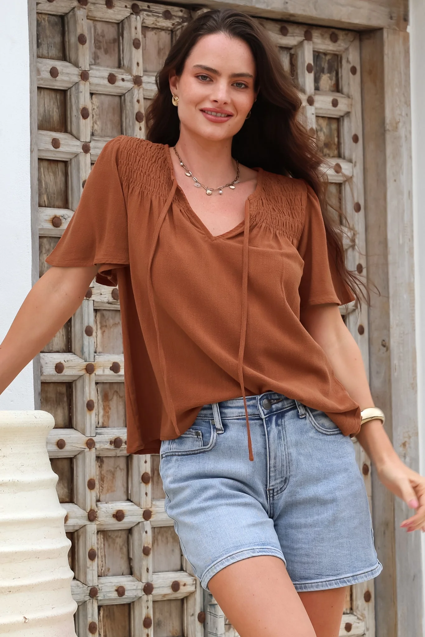 Kendra Top - V Neck Short Sleeve Top with Necktie in Tan - Image 3