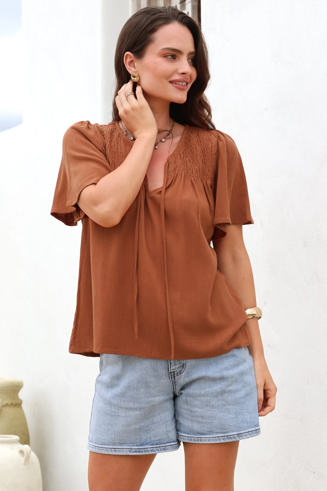 Kendra Top - V Neck Short Sleeve Top with Necktie in Tan - Image 4