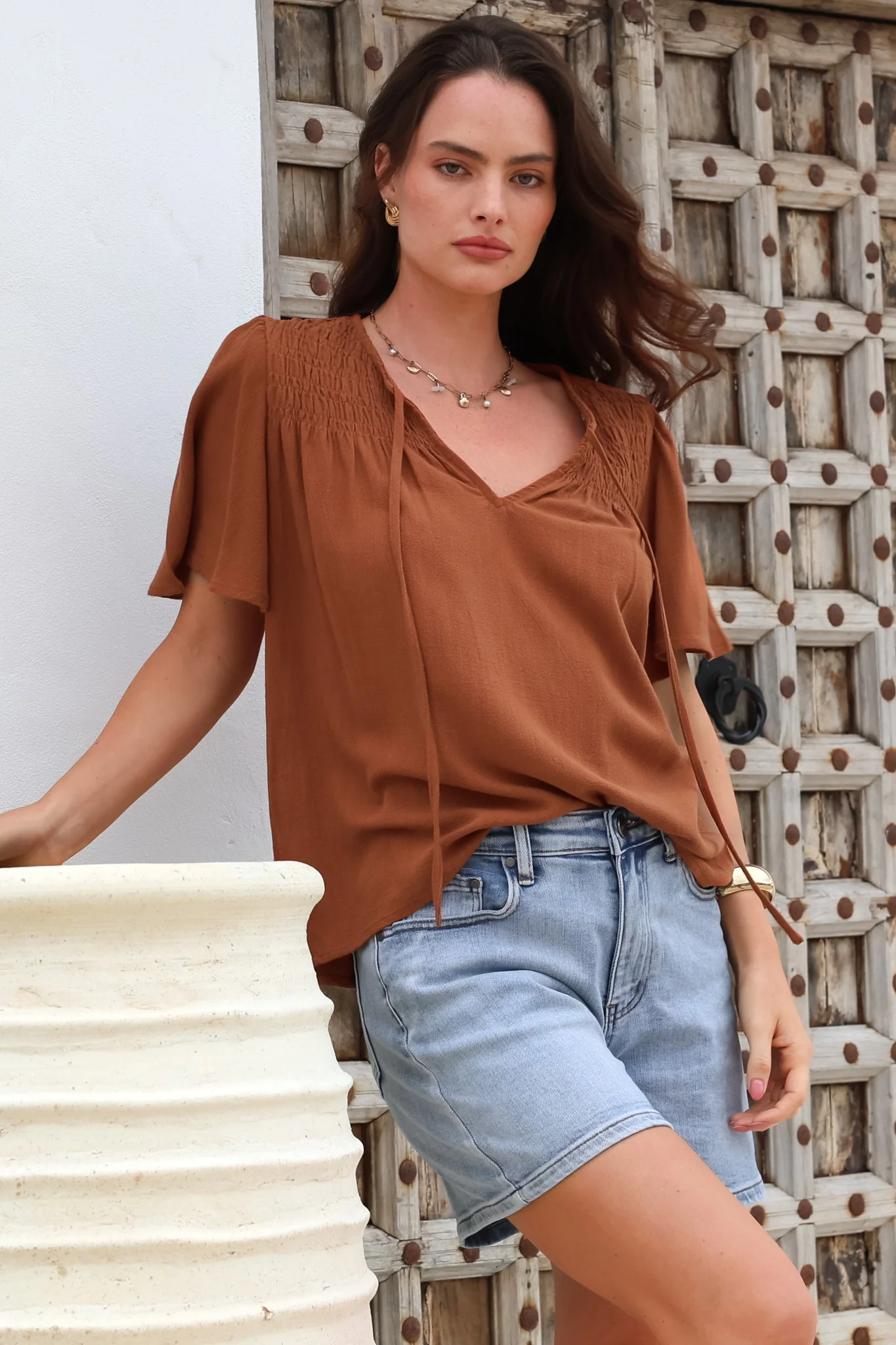 Kendra Top - V Neck Short Sleeve Top with Necktie in Tan - Image 5