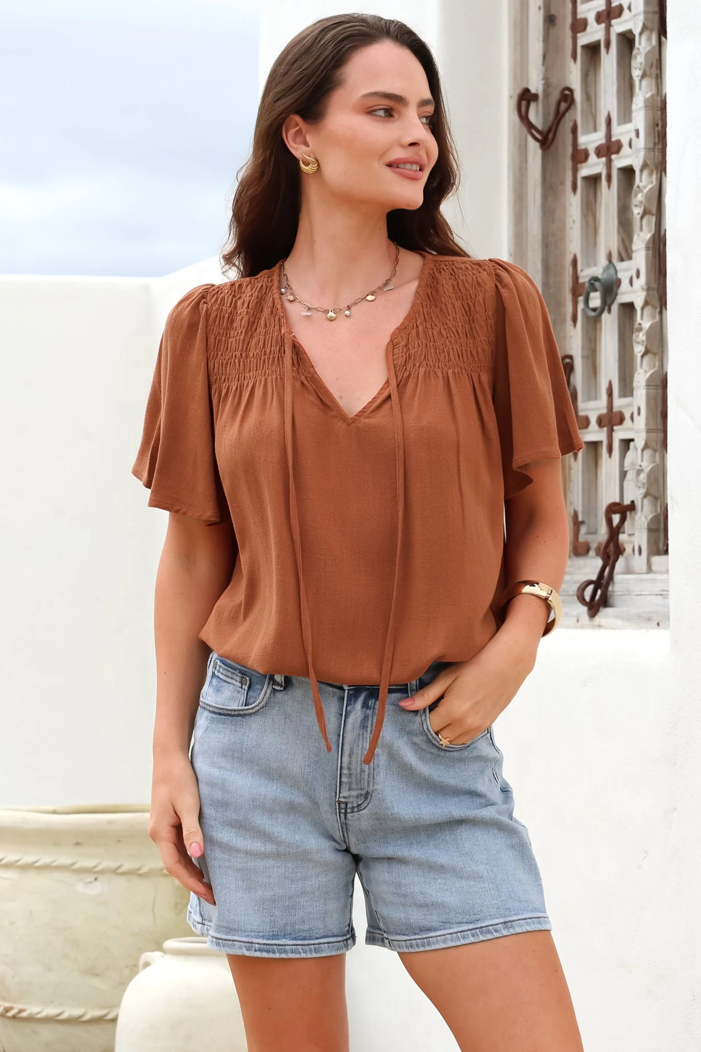 Kendra Top - V Neck Short Sleeve Top with Necktie in Tan - Image 6