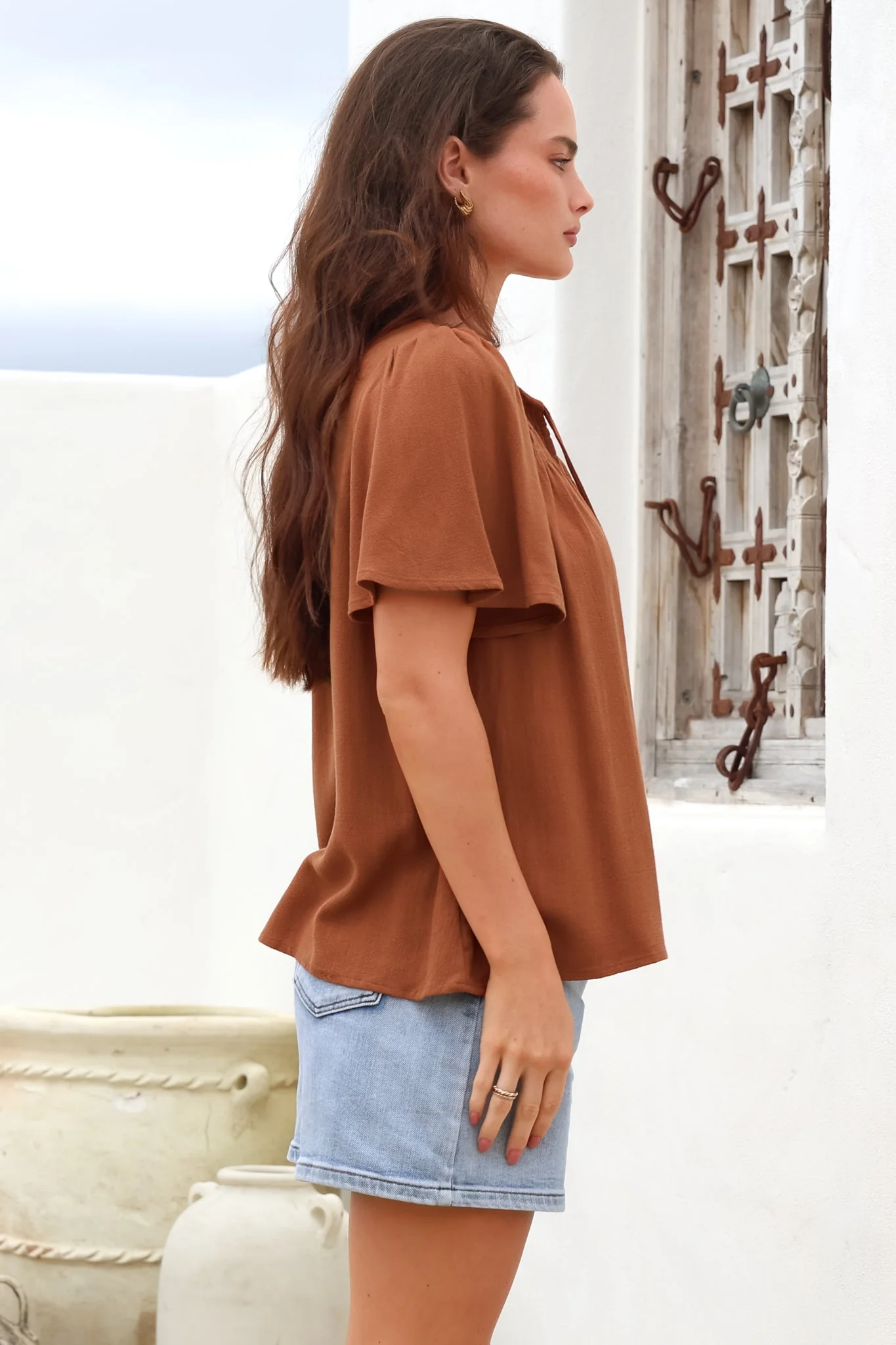 Kendra Top - V Neck Short Sleeve Top with Necktie in Tan - Image 7
