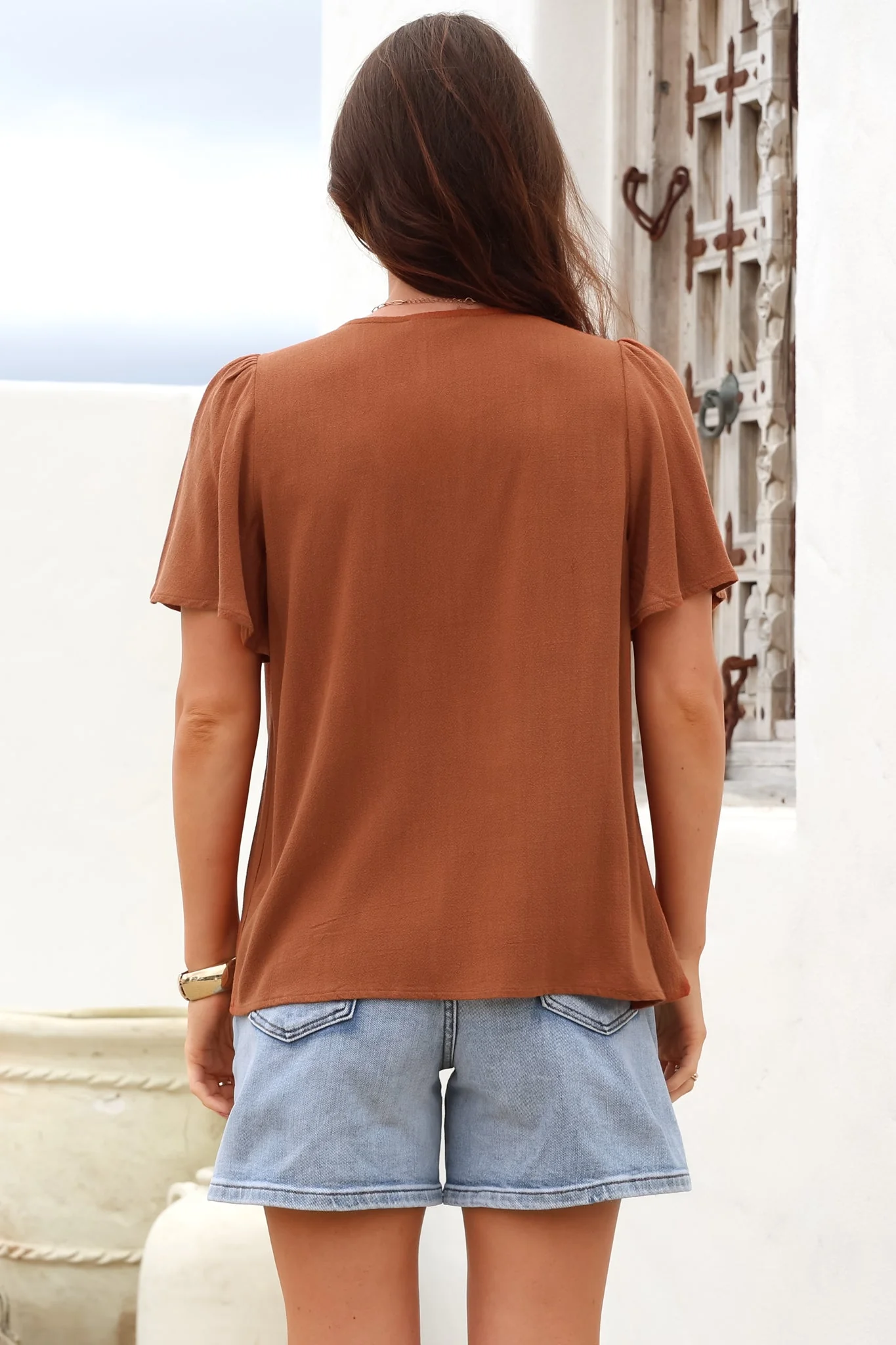 Kendra Top - V Neck Short Sleeve Top with Necktie in Tan - Image 8