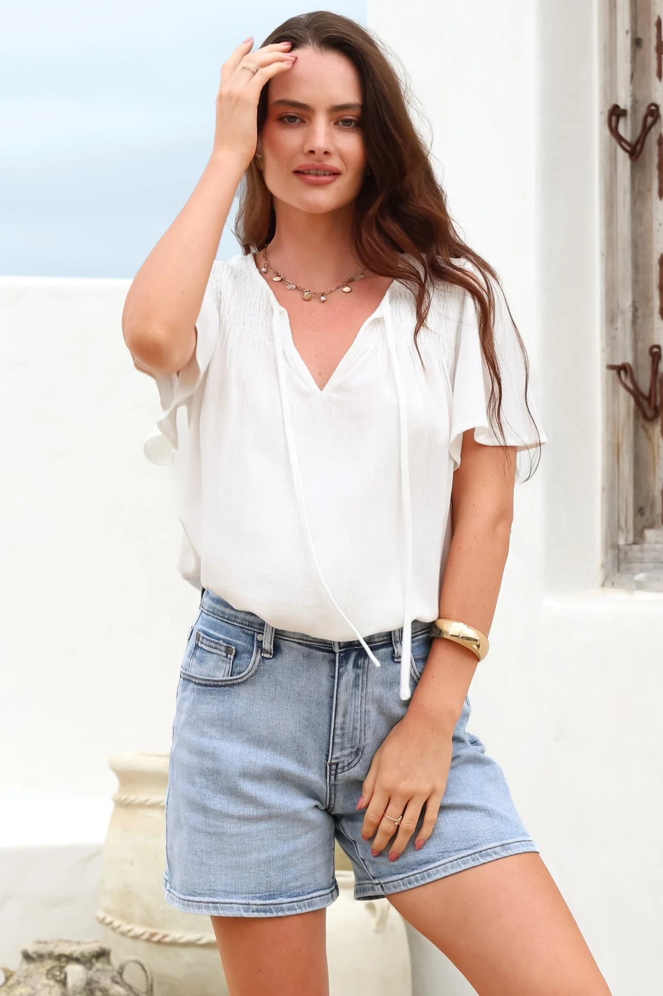 Kendra Top - V Neck Short Sleeve Top with Necktie in White - Image 3