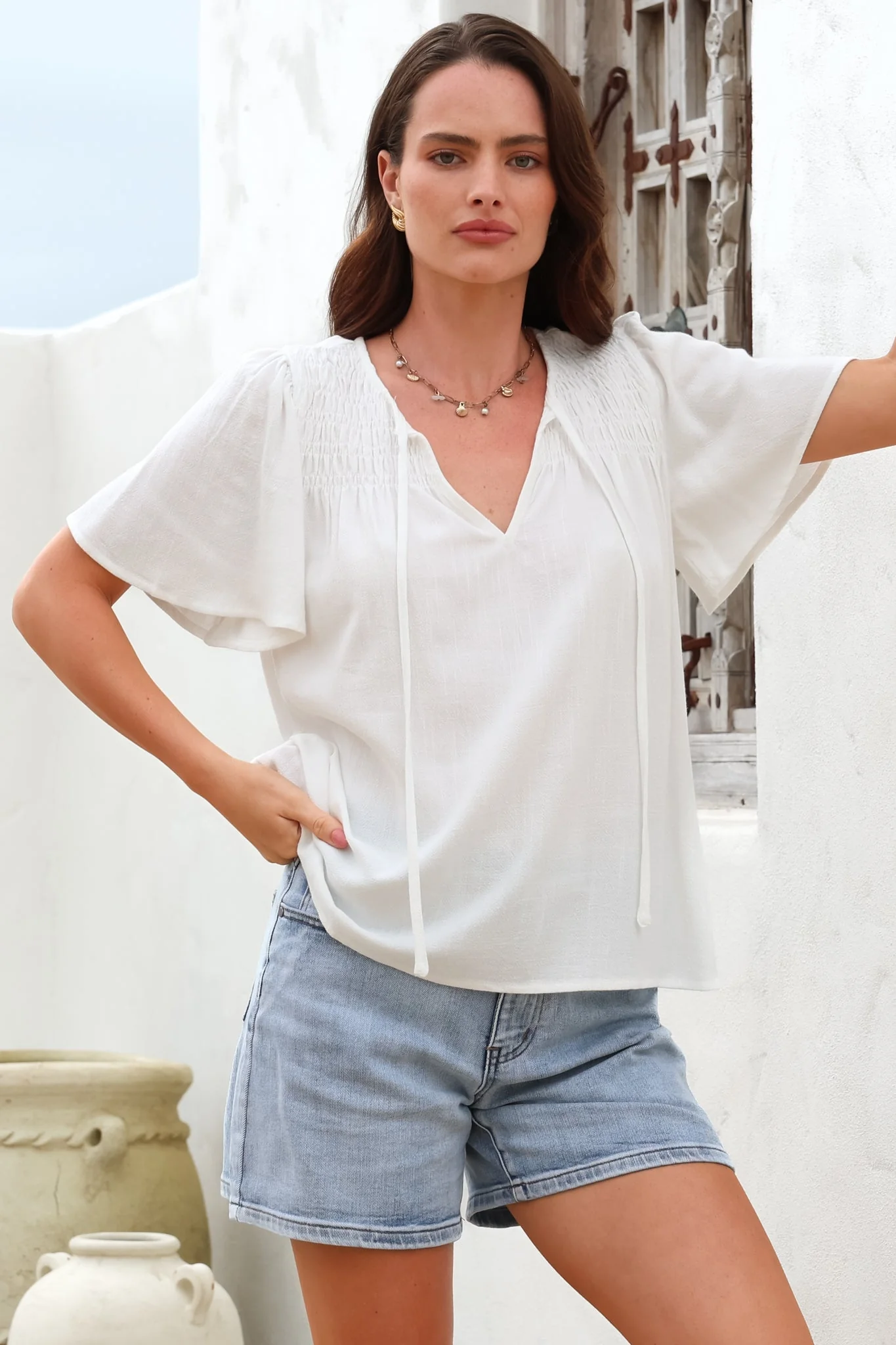 Kendra Top - V Neck Short Sleeve Top with Necktie in White - Image 4