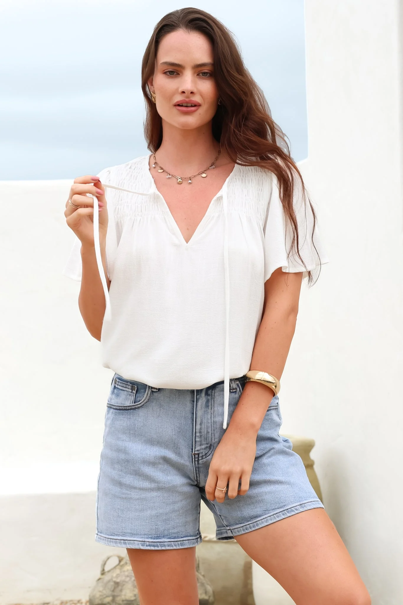 Kendra Top - V Neck Short Sleeve Top with Necktie in White - Image 6