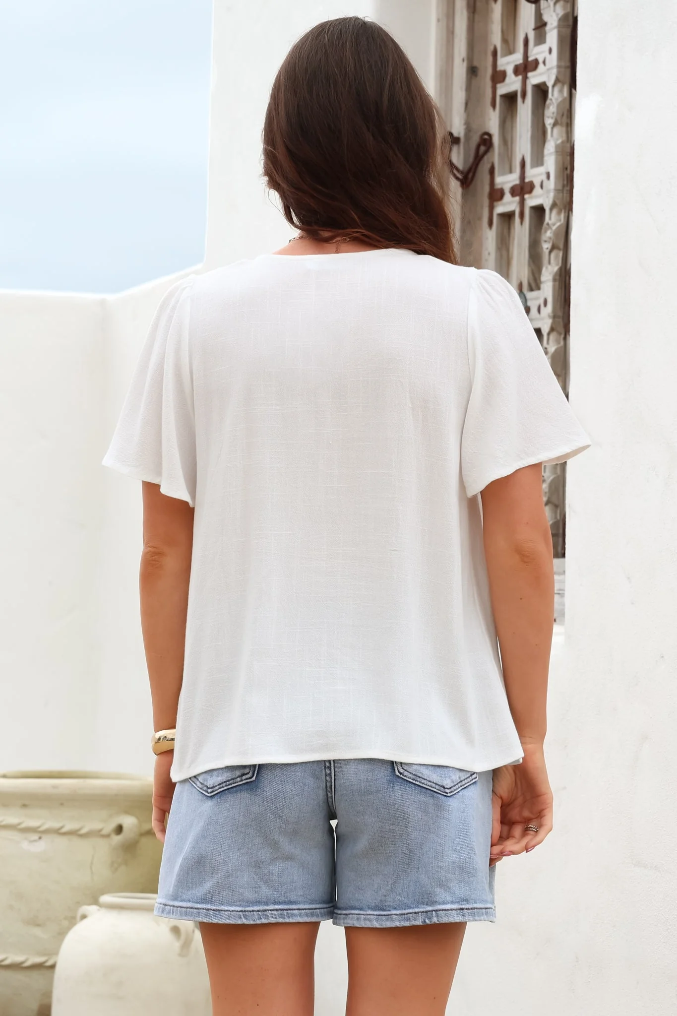 Kendra Top - V Neck Short Sleeve Top with Necktie in White - Image 8