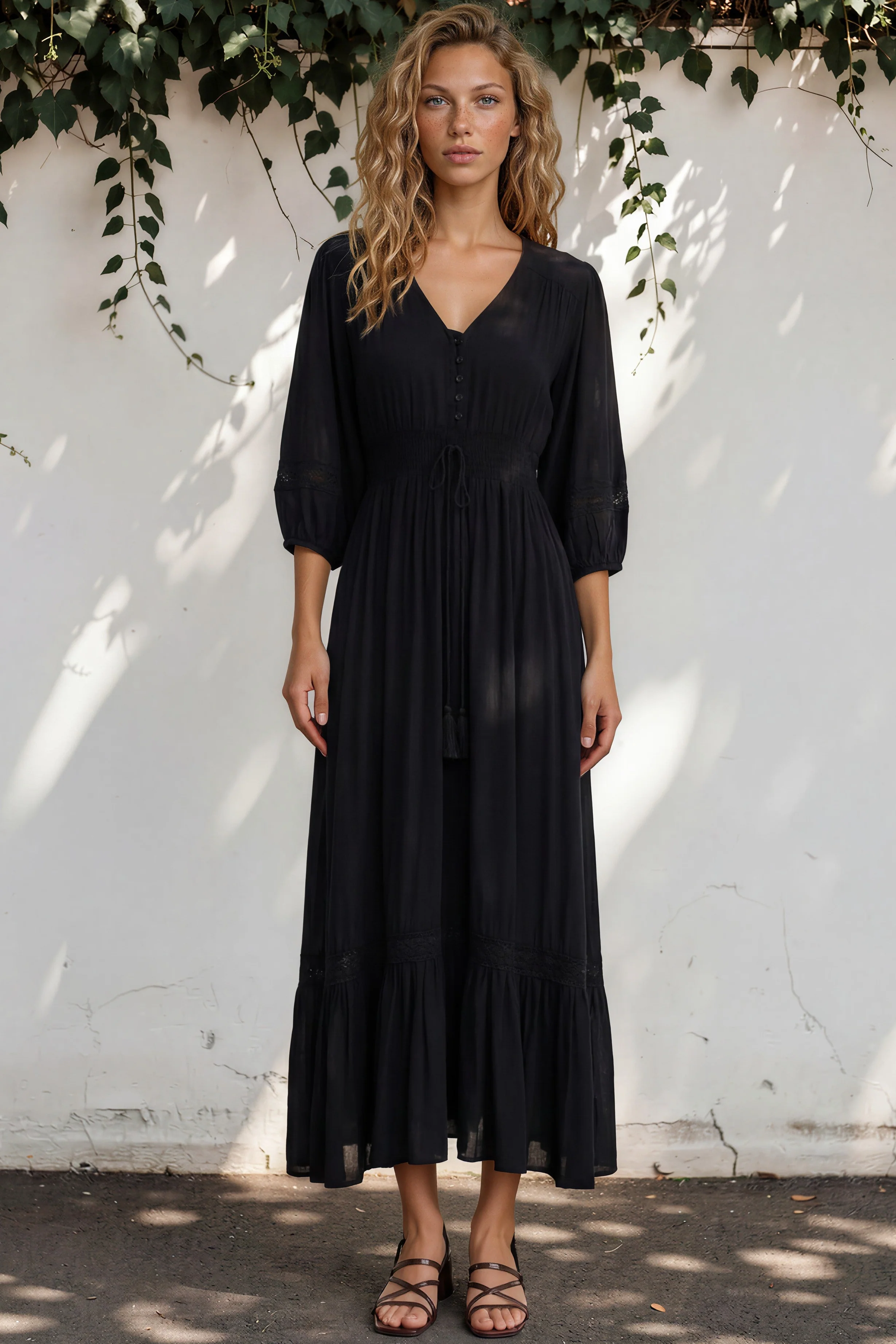 Kiaba Maxi Dress - V-Neck Buttoned Bodice 3/4 Sleeve A-Line Dress with Lace Inserts in Black