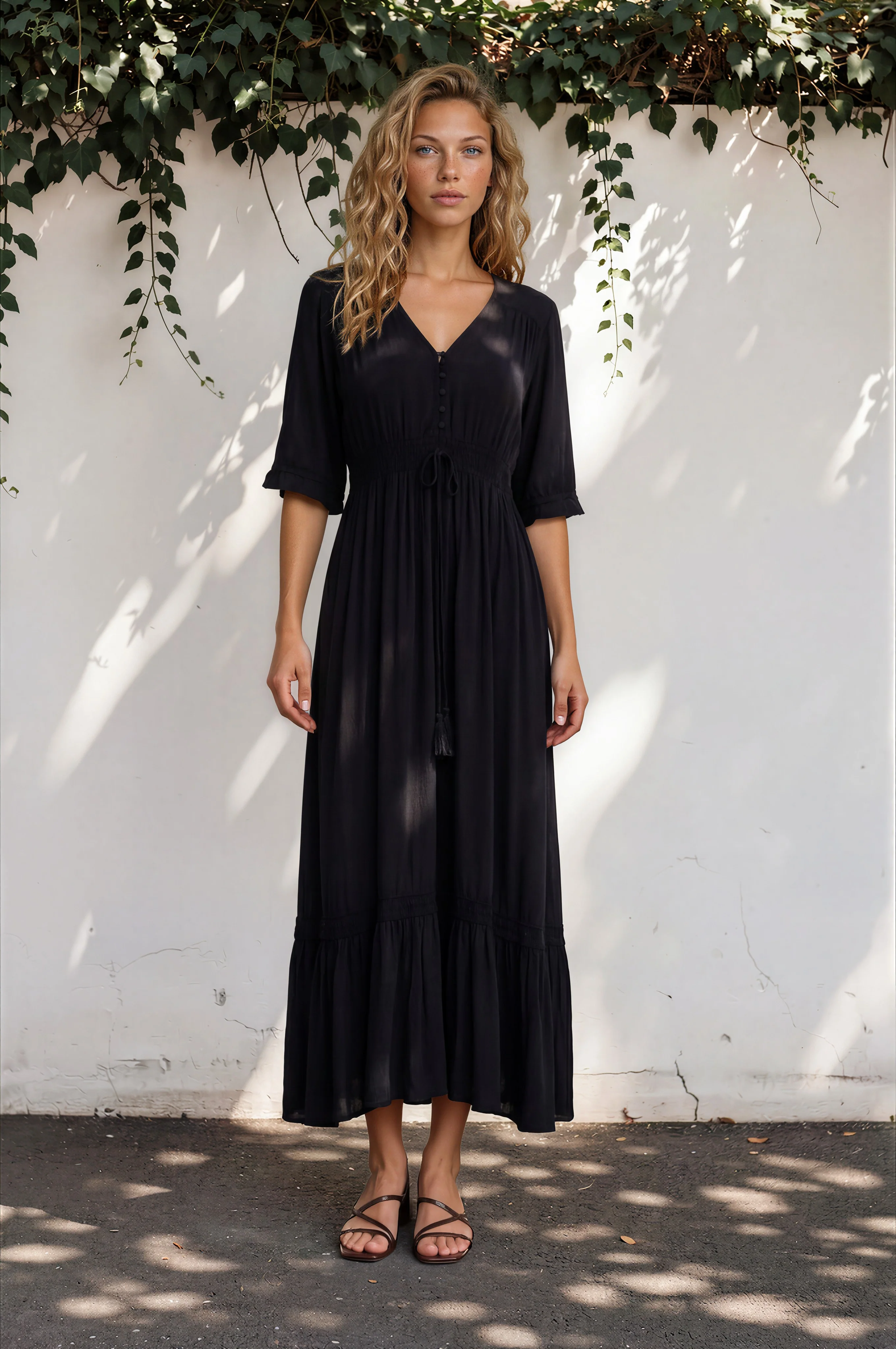 Kiaba Maxi Dress - V-Neck Buttoned Bodice 3/4 Sleeve A-Line Dress with Lace Inserts in Black - Image 2