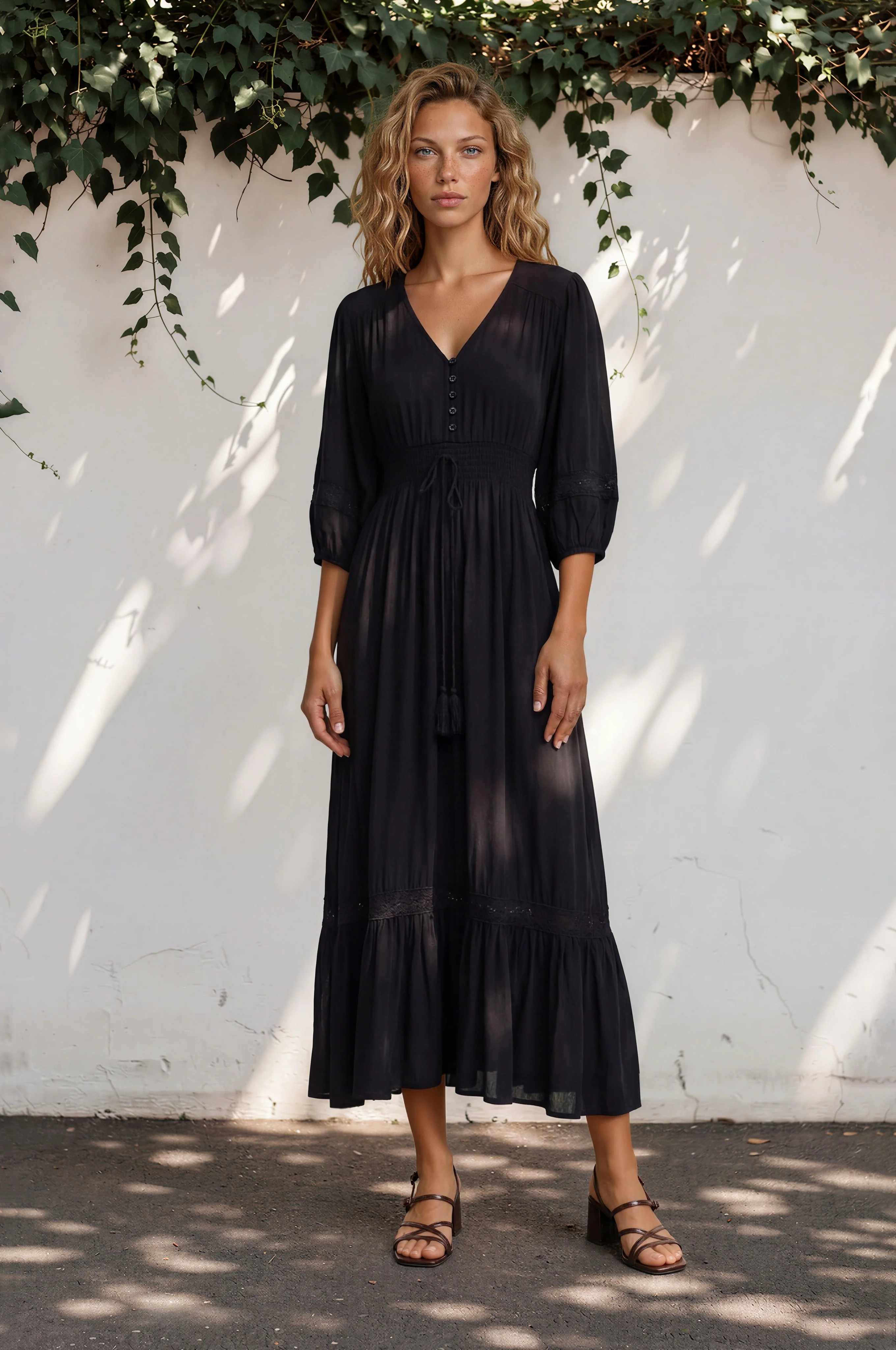 Kiaba Maxi Dress - V-Neck Buttoned Bodice 3/4 Sleeve A-Line Dress with Lace Inserts in Black - Image 4
