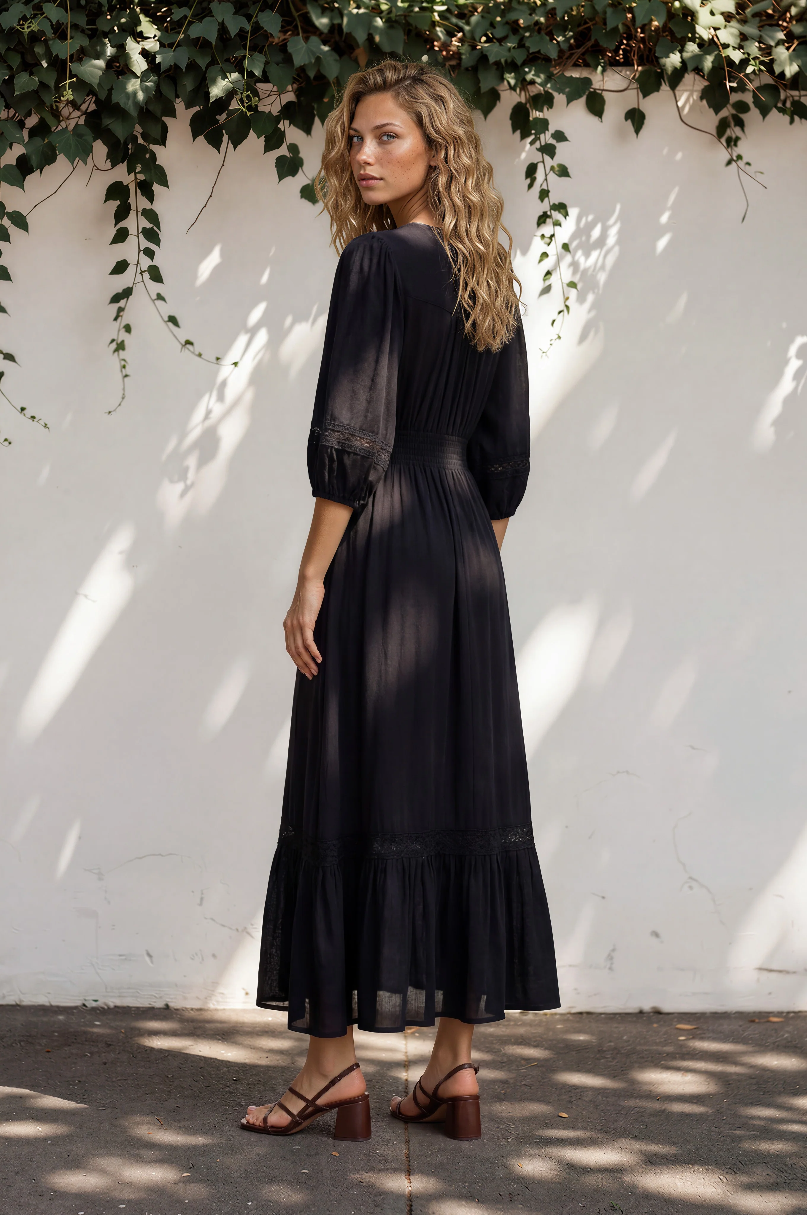 Kiaba Maxi Dress - V-Neck Buttoned Bodice 3/4 Sleeve A-Line Dress with Lace Inserts in Black - Image 5