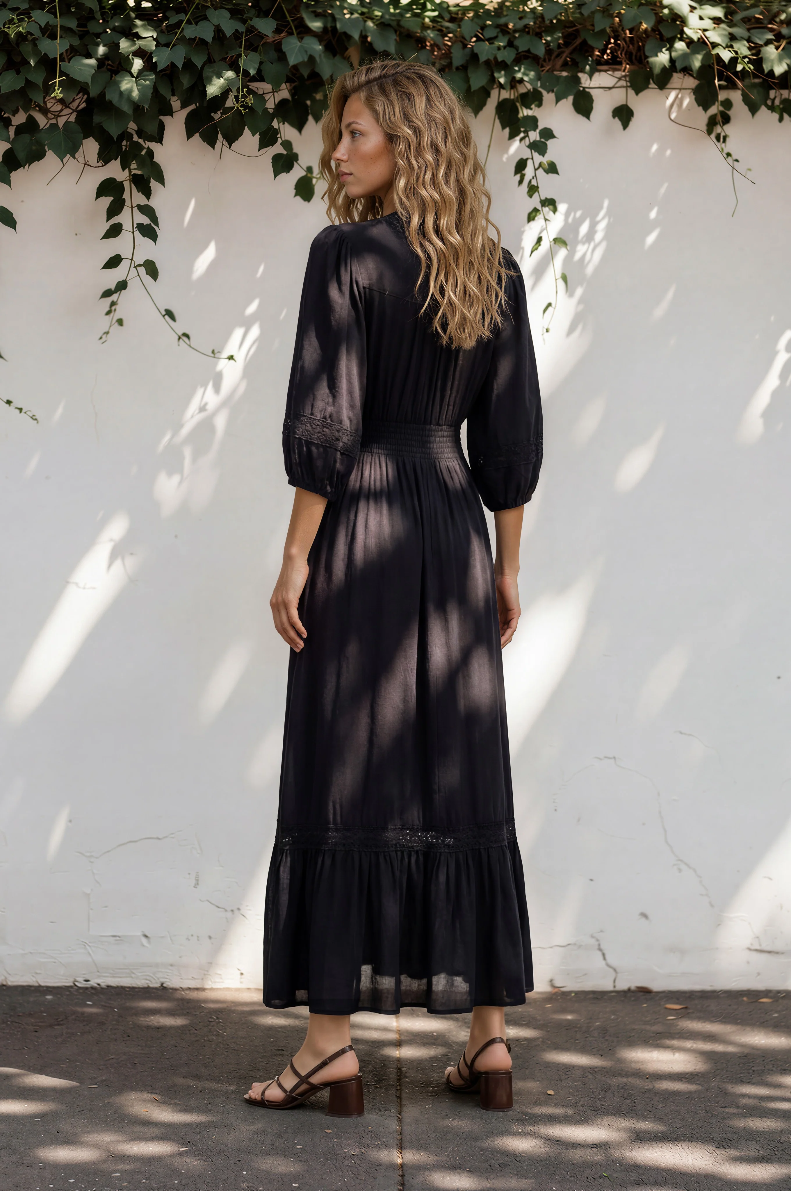 Kiaba Maxi Dress - V-Neck Buttoned Bodice 3/4 Sleeve A-Line Dress with Lace Inserts in Black - Image 6
