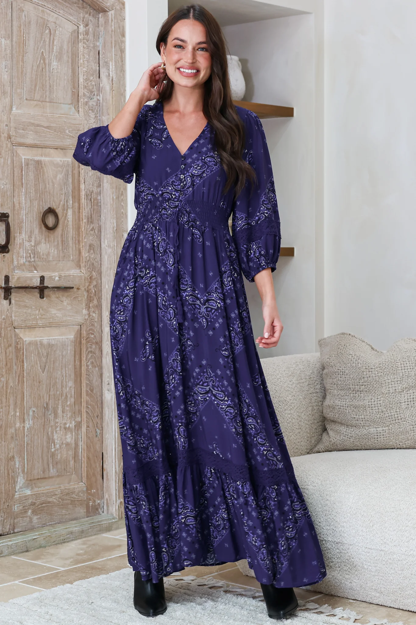Kiaba Maxi Dress - V-Neck Buttoned Bodice 3/4 Sleeve A-Line Dress with Lace Inserts in Vilma Print Navy