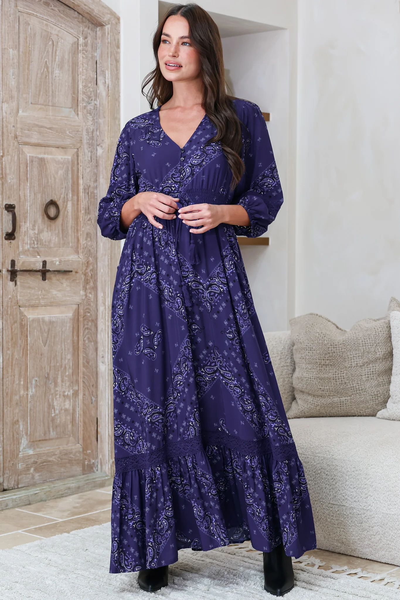 Kiaba Maxi Dress - V-Neck Buttoned Bodice 3/4 Sleeve A-Line Dress with Lace Inserts in Vilma Print Navy - Image 6