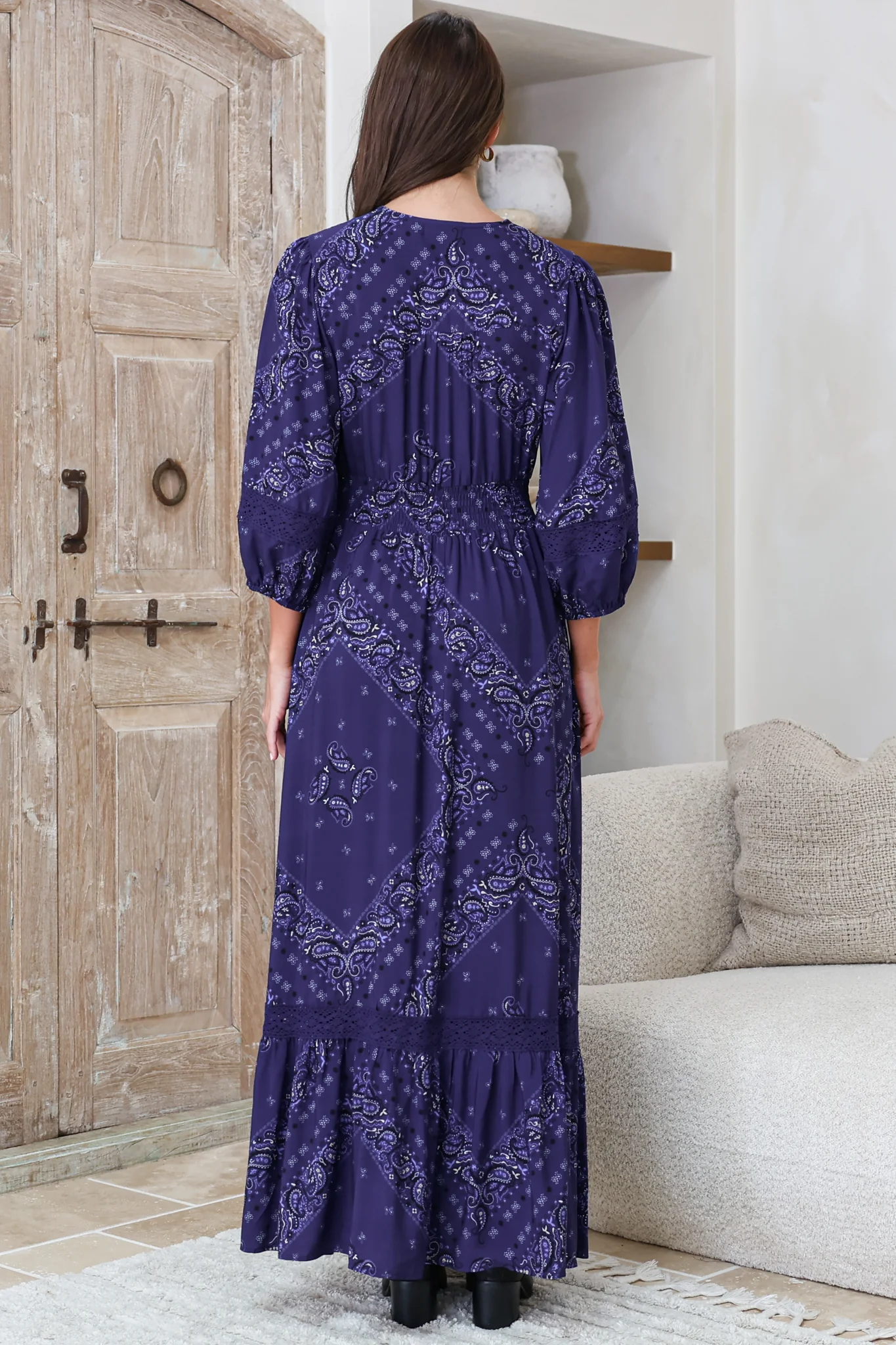 Kiaba Maxi Dress - V-Neck Buttoned Bodice 3/4 Sleeve A-Line Dress with Lace Inserts in Vilma Print Navy - Image 8