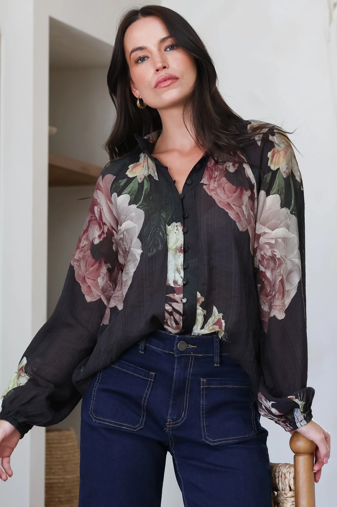 Kyla Blouse - Collared Button Down with Long Balloon Sleeves in Mika Print - Image 2