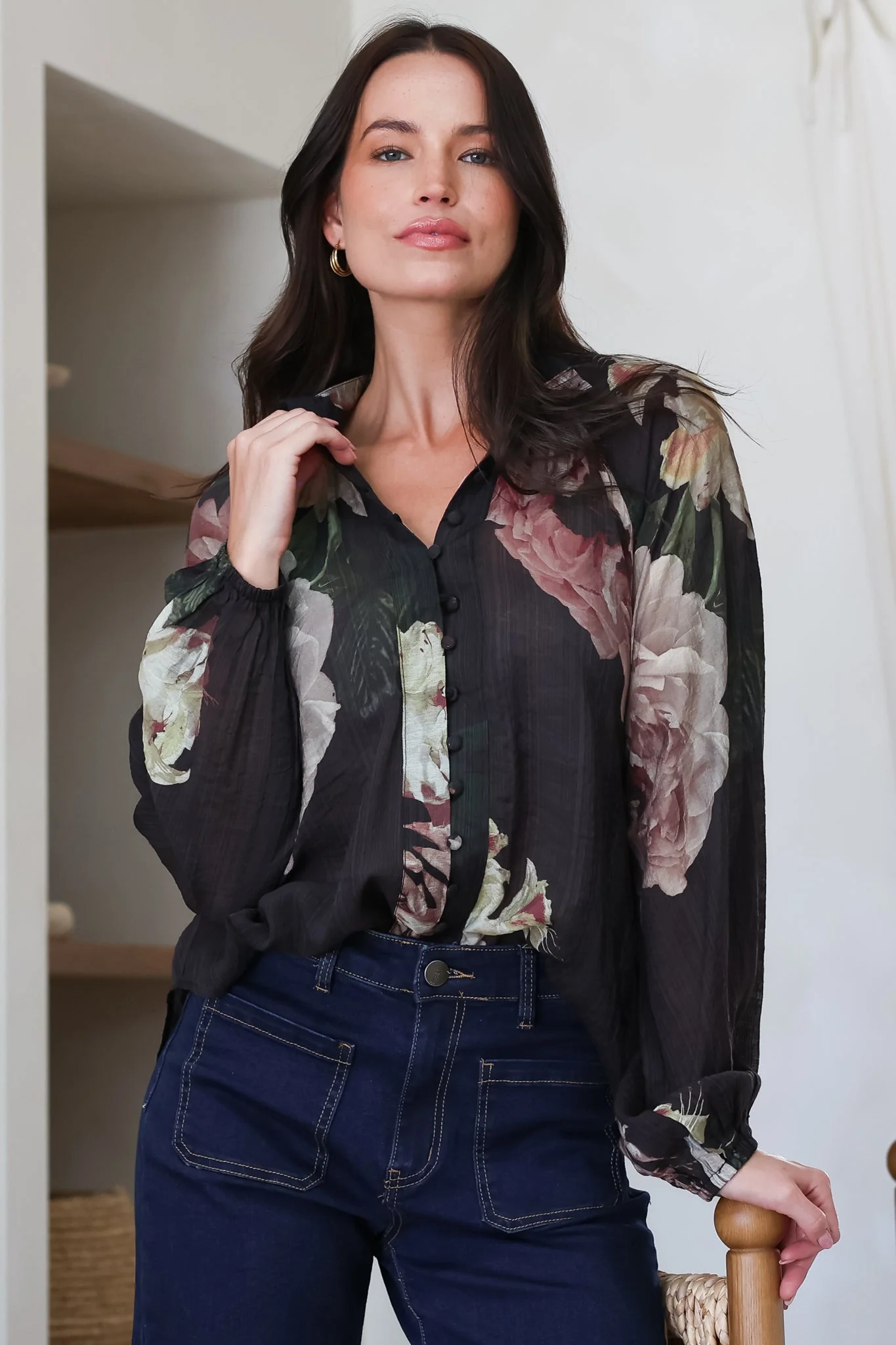 Kyla Blouse - Collared Button Down with Long Balloon Sleeves in Mika Print - Image 3