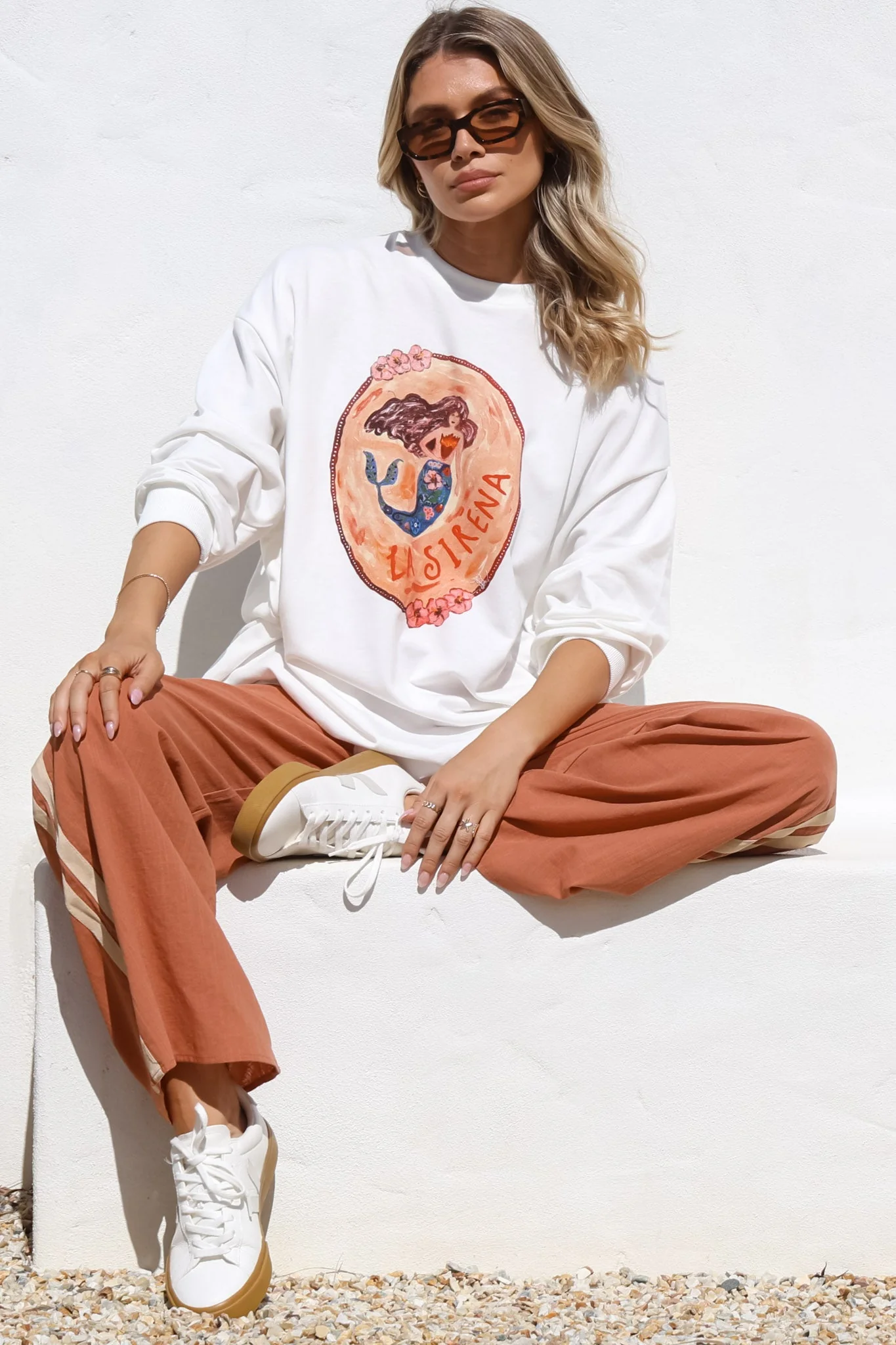 La Sirena Set - Graphic Long Sleeve Top and Pants with Stripe Accent in Orange - Image 2