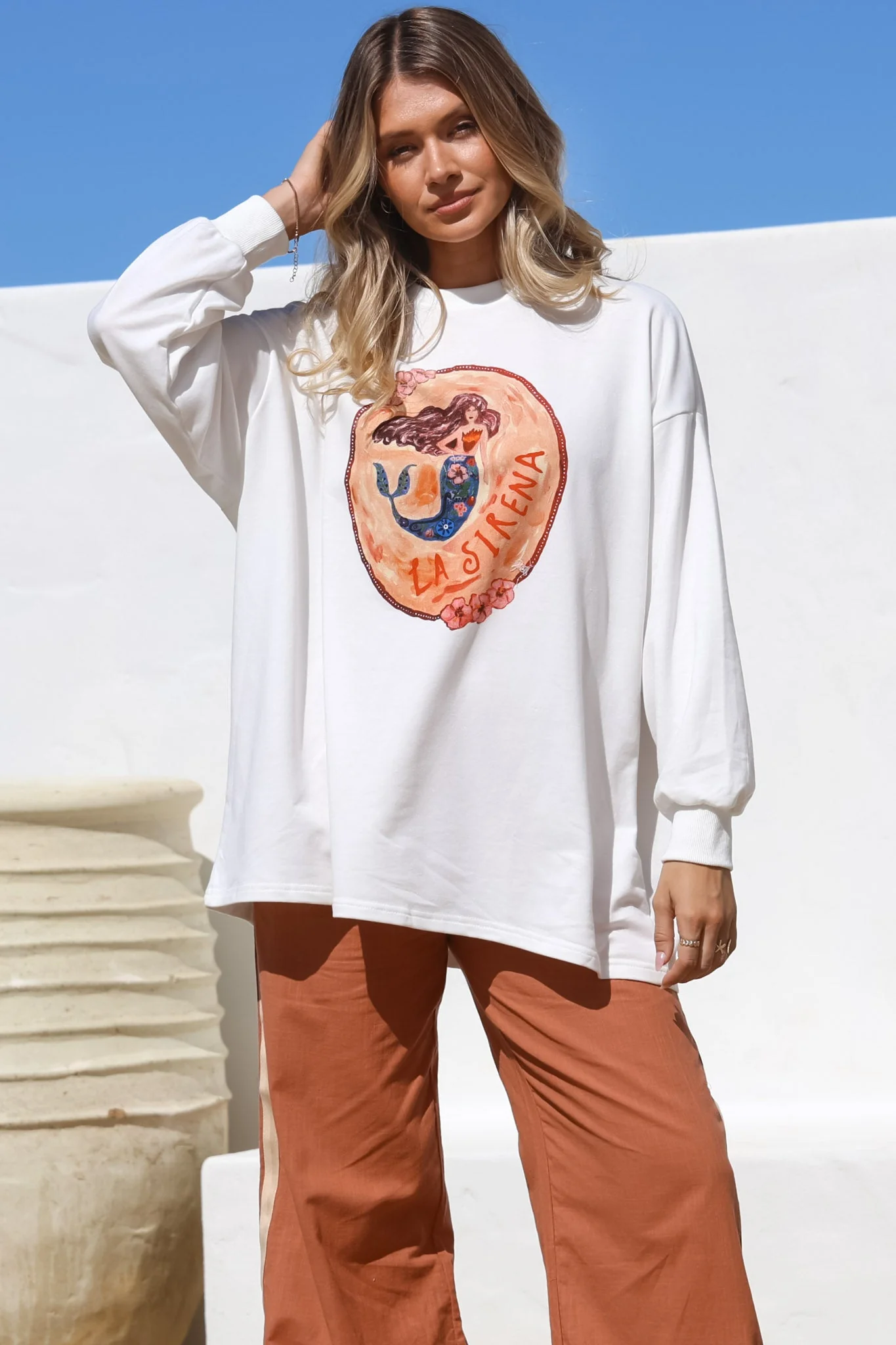 La Sirena Set - Graphic Long Sleeve Top and Pants with Stripe Accent in Orange - Image 3