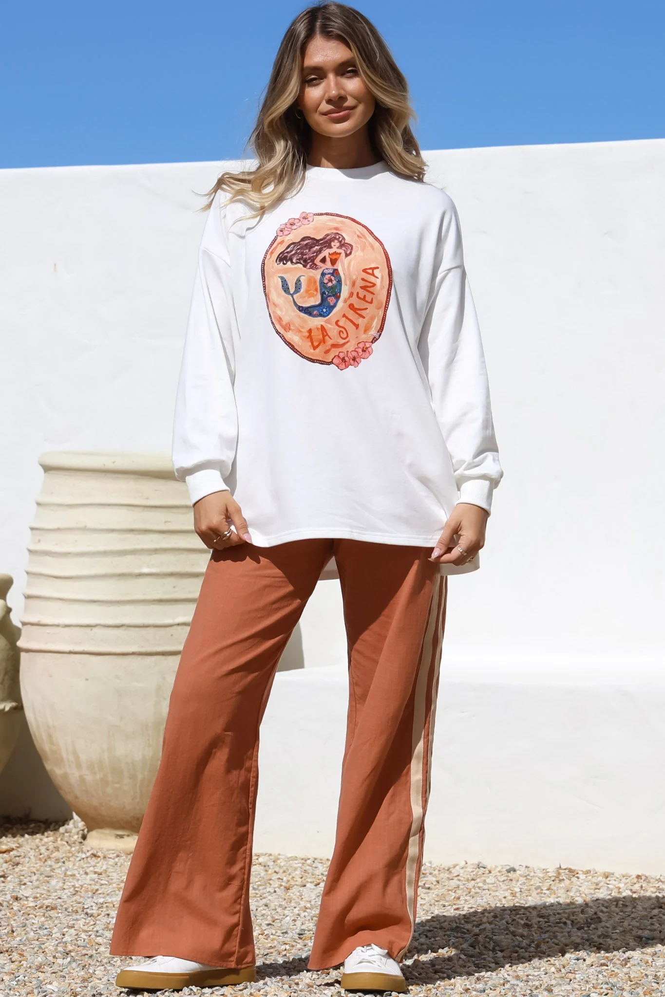 La Sirena Set - Graphic Long Sleeve Top and Pants with Stripe Accent in Orange - Image 4