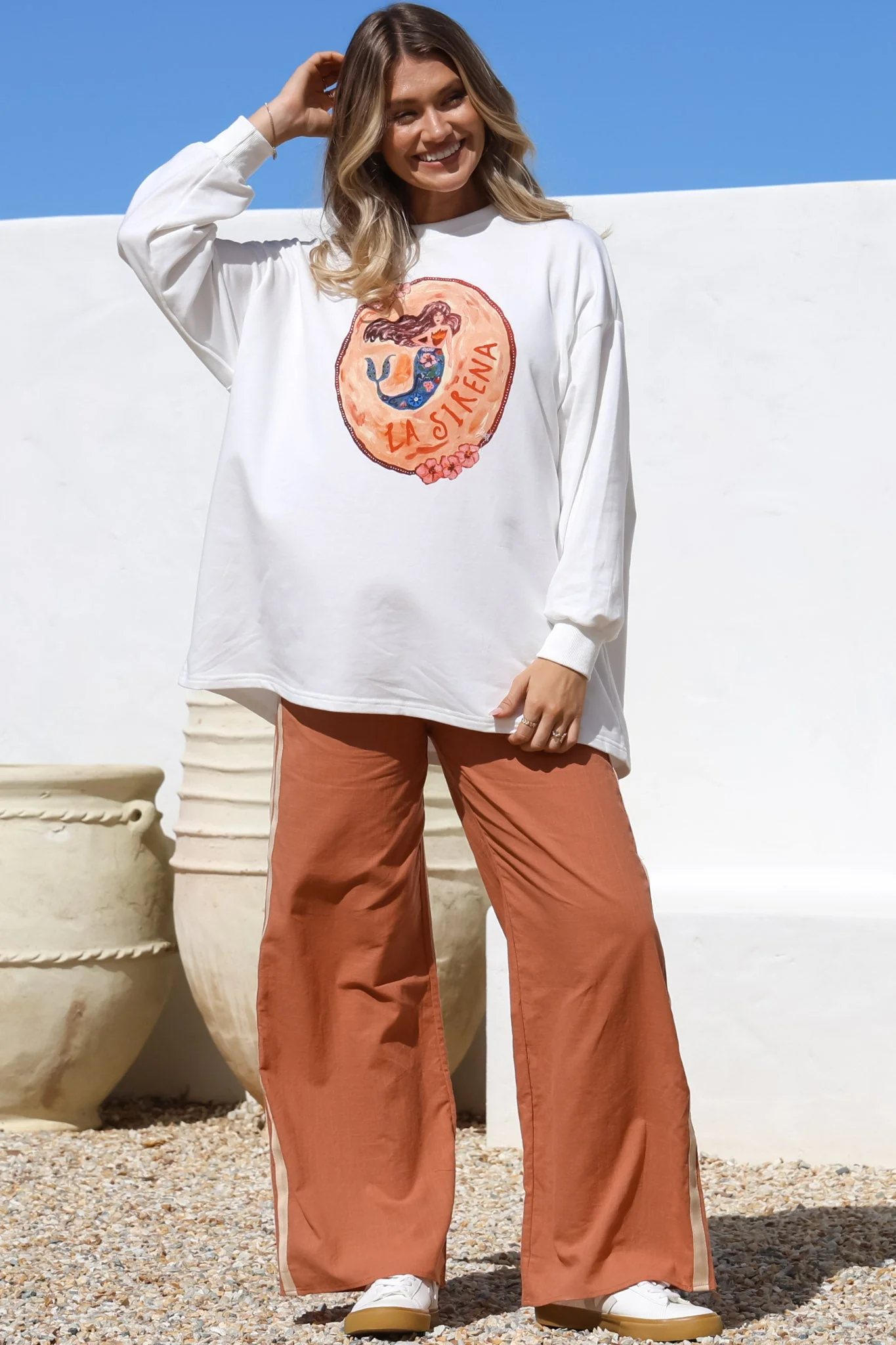 La Sirena Set - Graphic Long Sleeve Top and Pants with Stripe Accent in Orange - Image 5