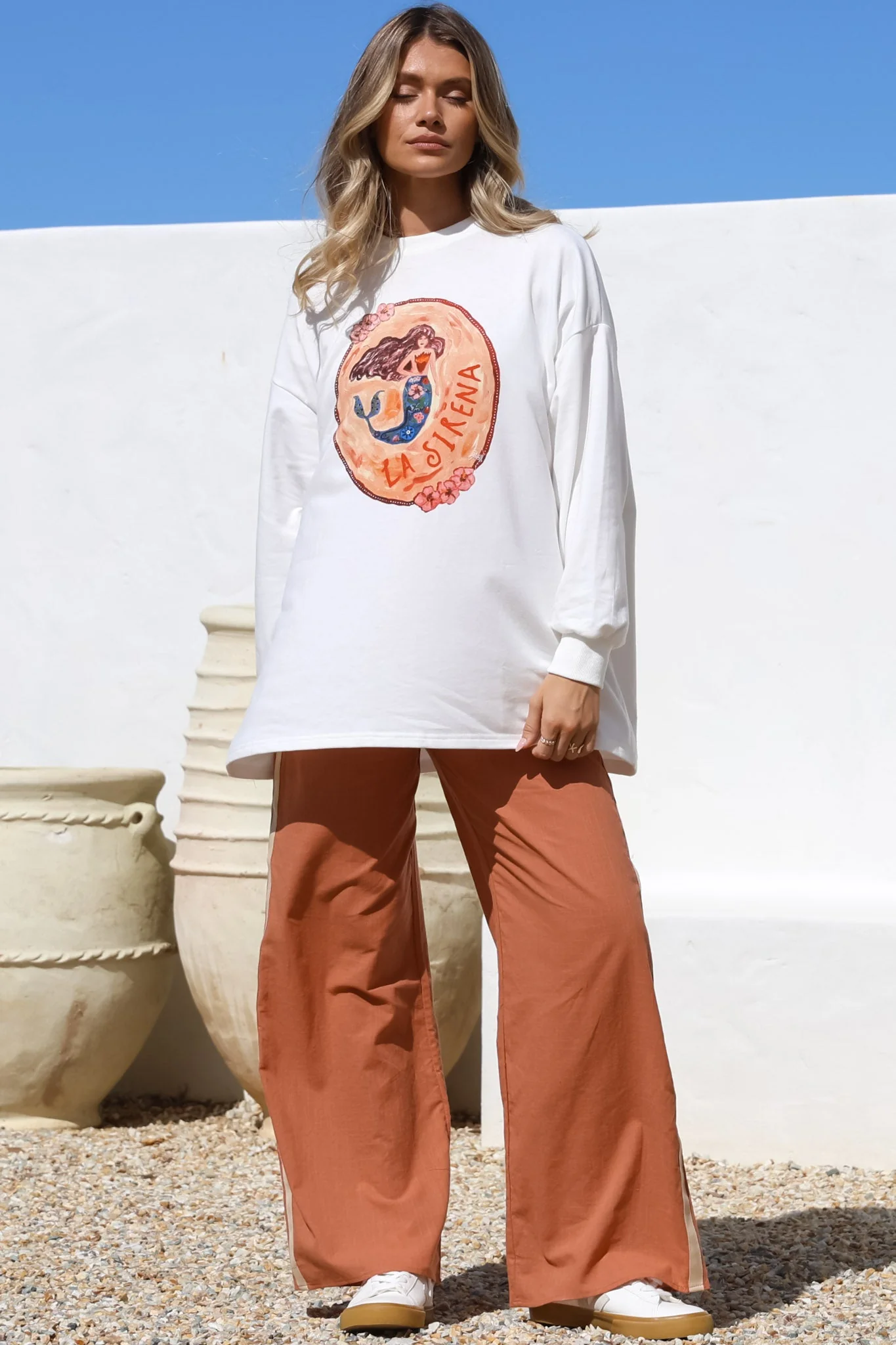 La Sirena Set - Graphic Long Sleeve Top and Pants with Stripe Accent in Orange - Image 6