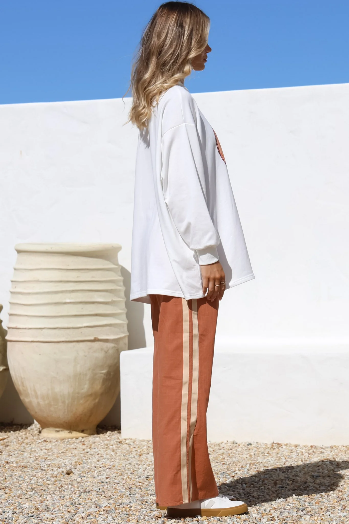 La Sirena Set - Graphic Long Sleeve Top and Pants with Stripe Accent in Orange - Image 7