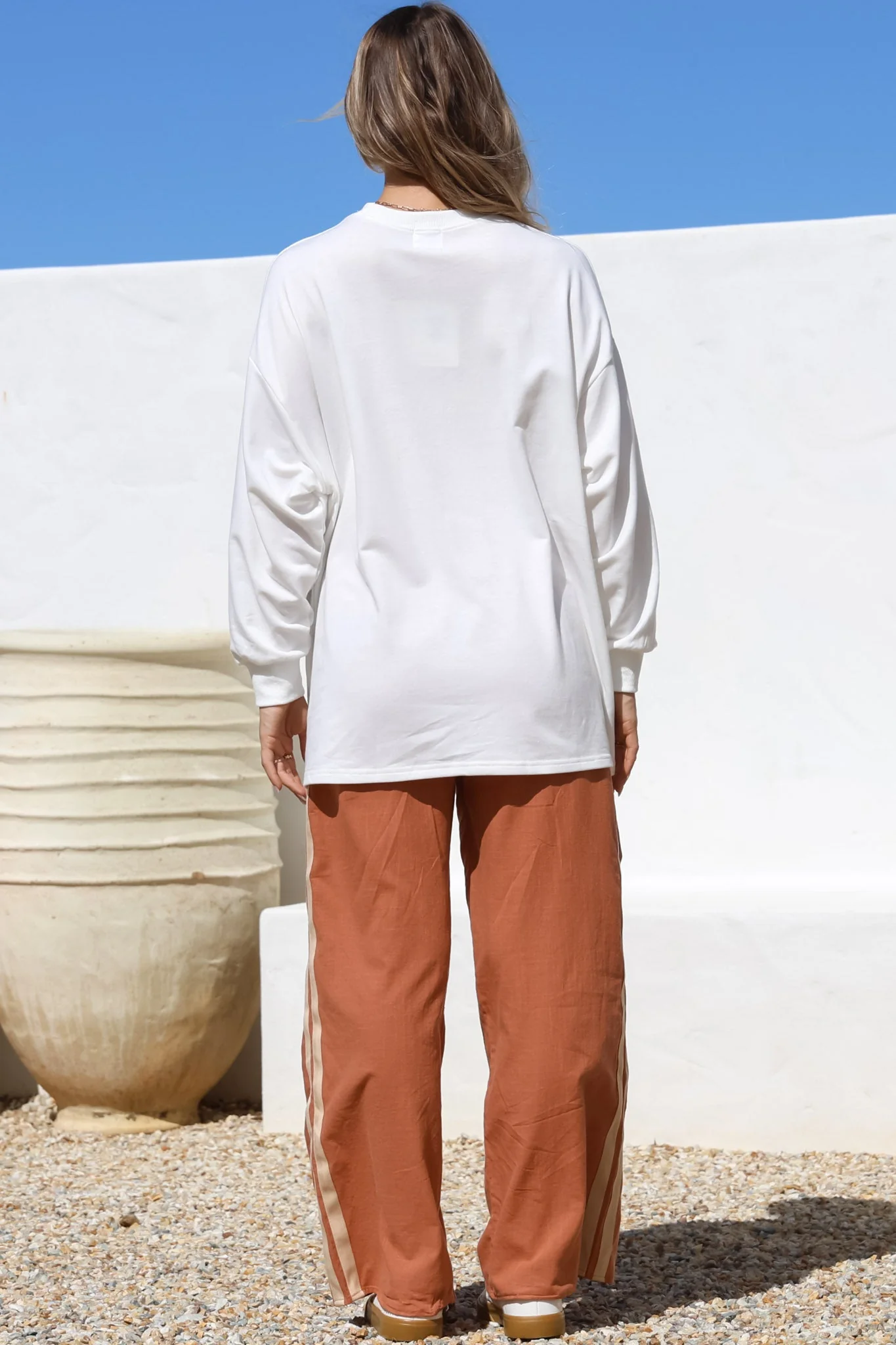La Sirena Set - Graphic Long Sleeve Top and Pants with Stripe Accent in Orange - Image 8