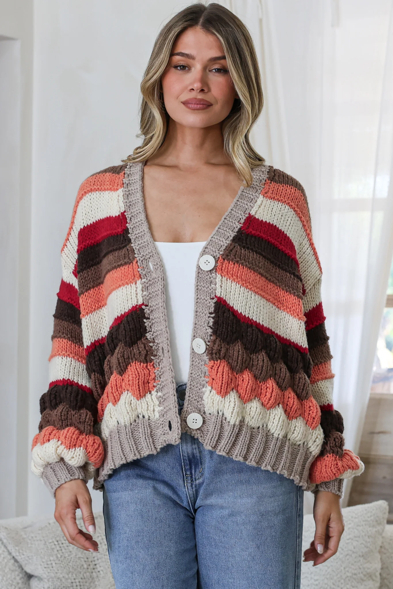 Lainey Cardigan - Button Front Stripe Bubble Knit with Long Sleeves in Candy Corn
