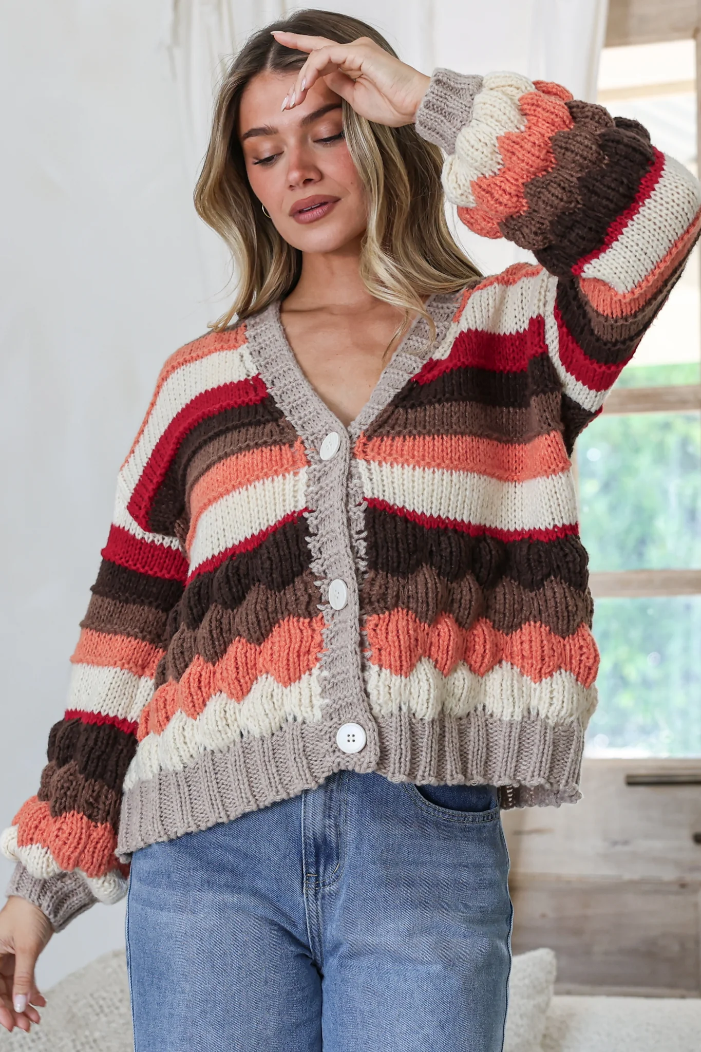 Lainey Cardigan - Button Front Stripe Bubble Knit with Long Sleeves in Candy Corn - Image 2