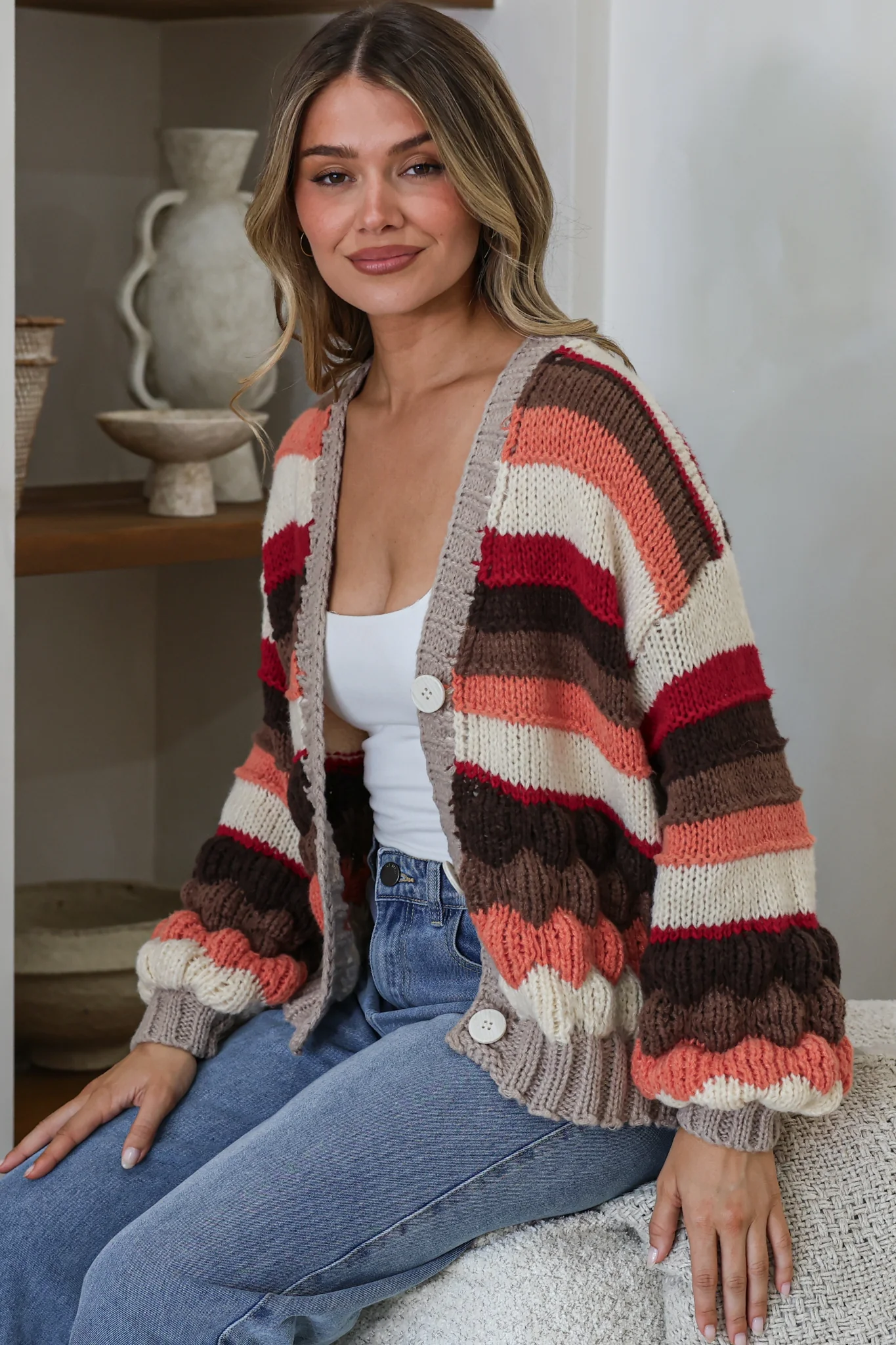 Lainey Cardigan - Button Front Stripe Bubble Knit with Long Sleeves in Candy Corn - Image 3