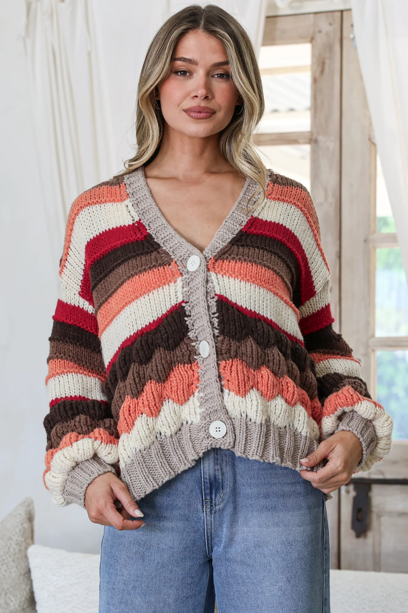 Lainey Cardigan - Button Front Stripe Bubble Knit with Long Sleeves in Candy Corn - Image 4