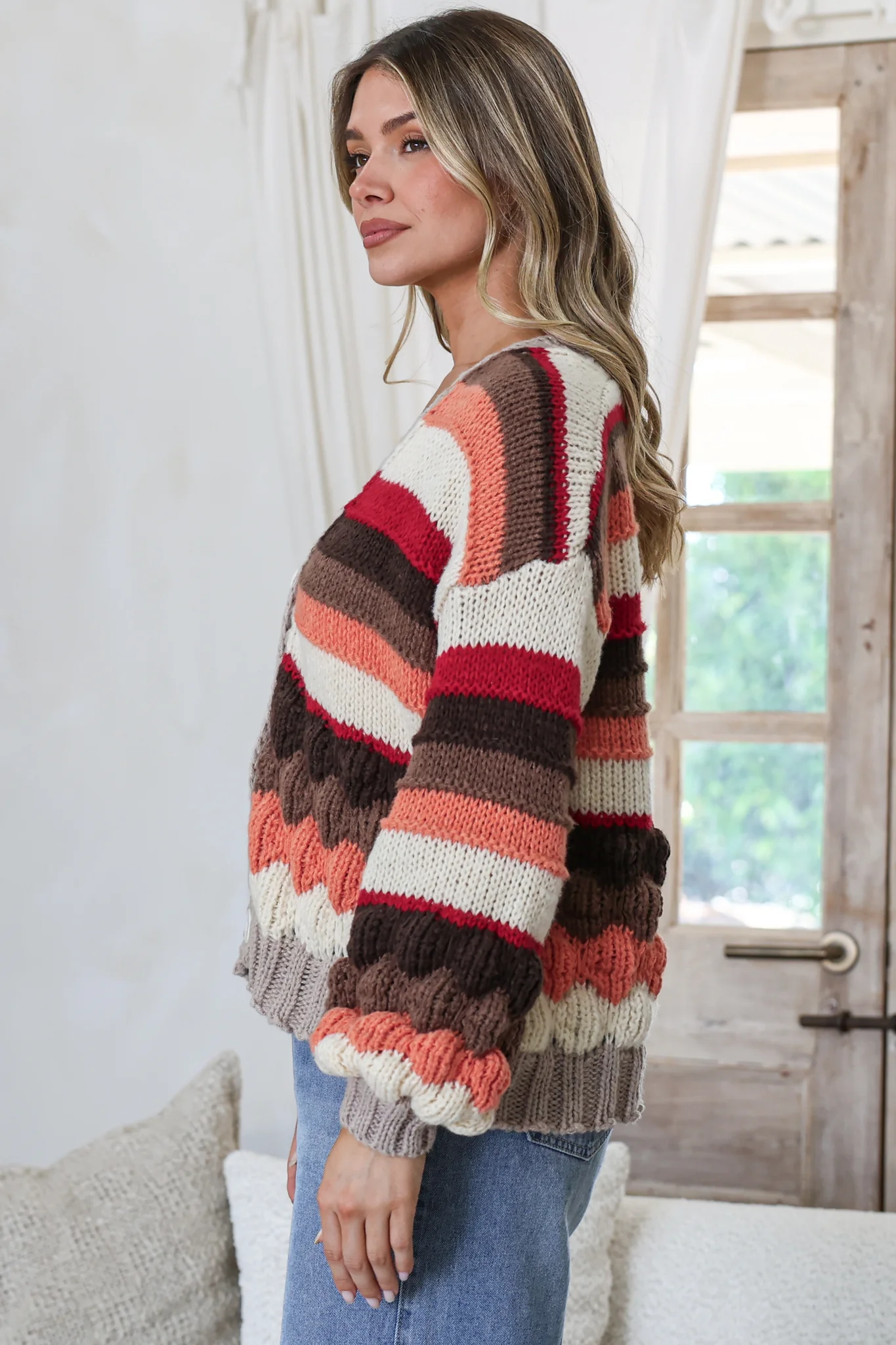 Lainey Cardigan - Button Front Stripe Bubble Knit with Long Sleeves in Candy Corn - Image 7