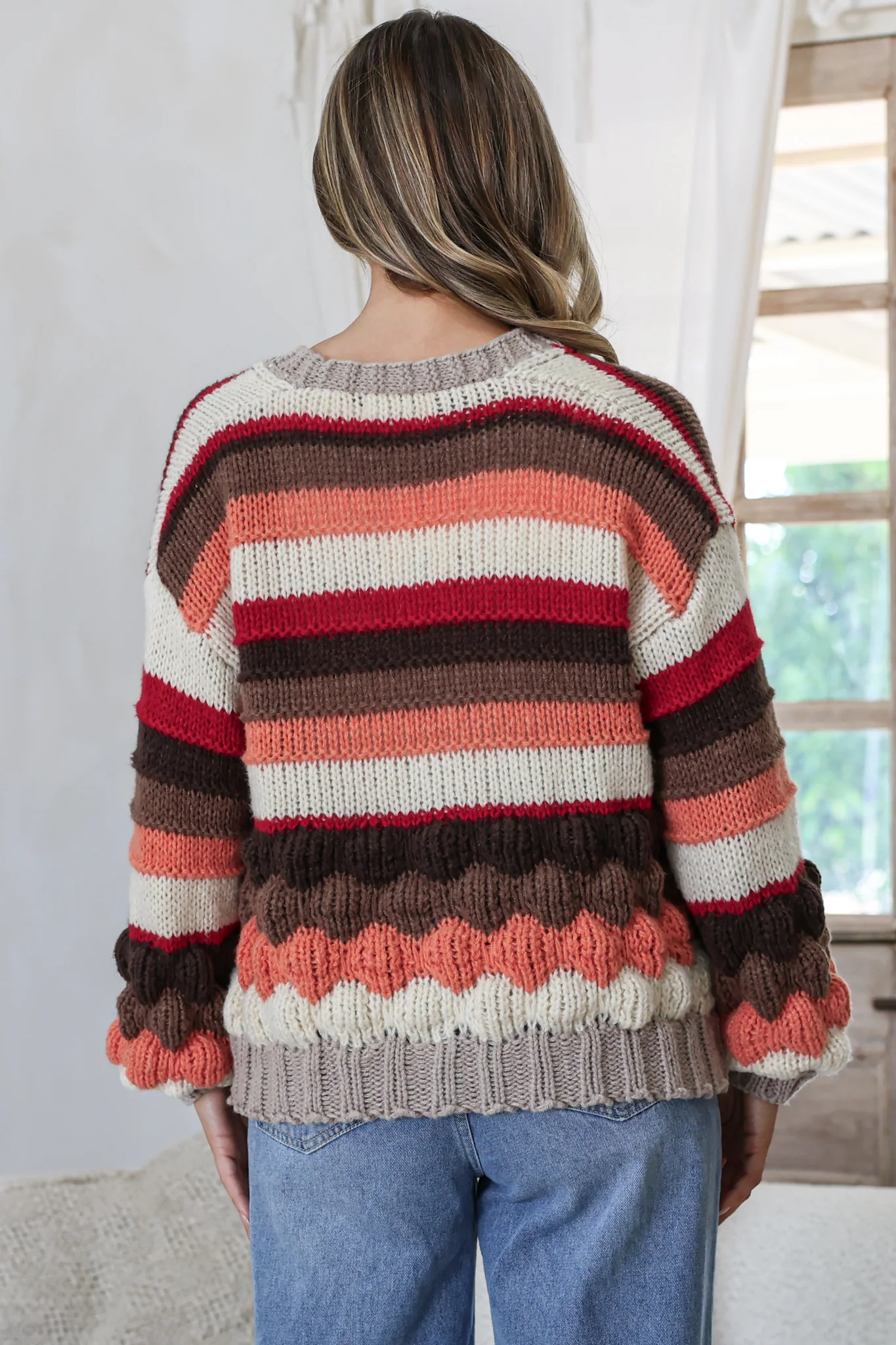 Lainey Cardigan - Button Front Stripe Bubble Knit with Long Sleeves in Candy Corn - Image 8