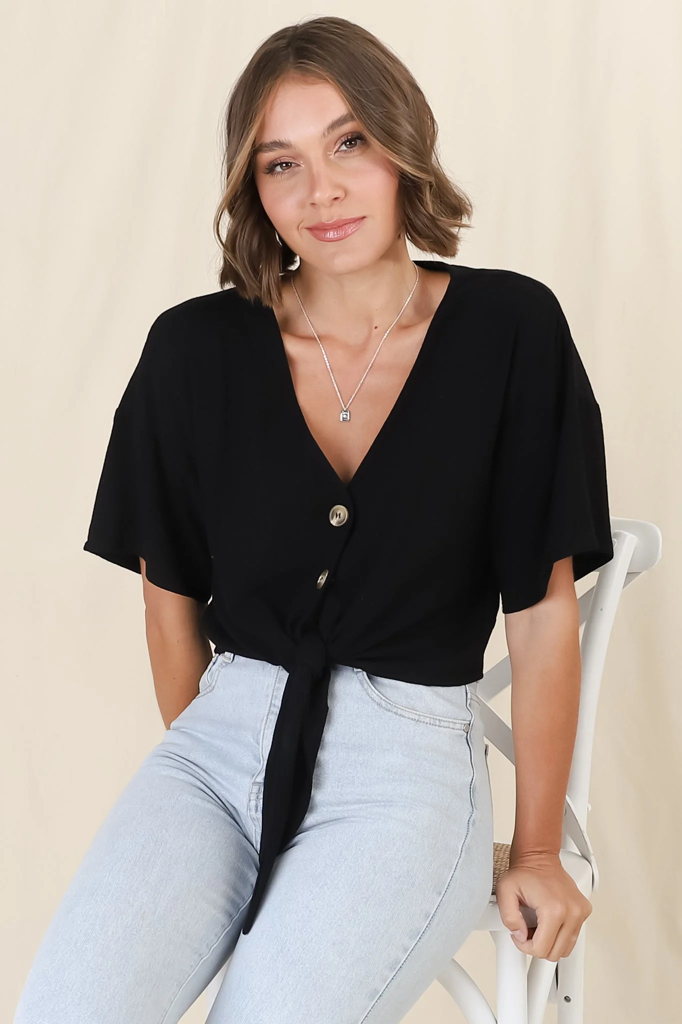 Lanara Top - Button Front Tie Up Top In Black - Image 10