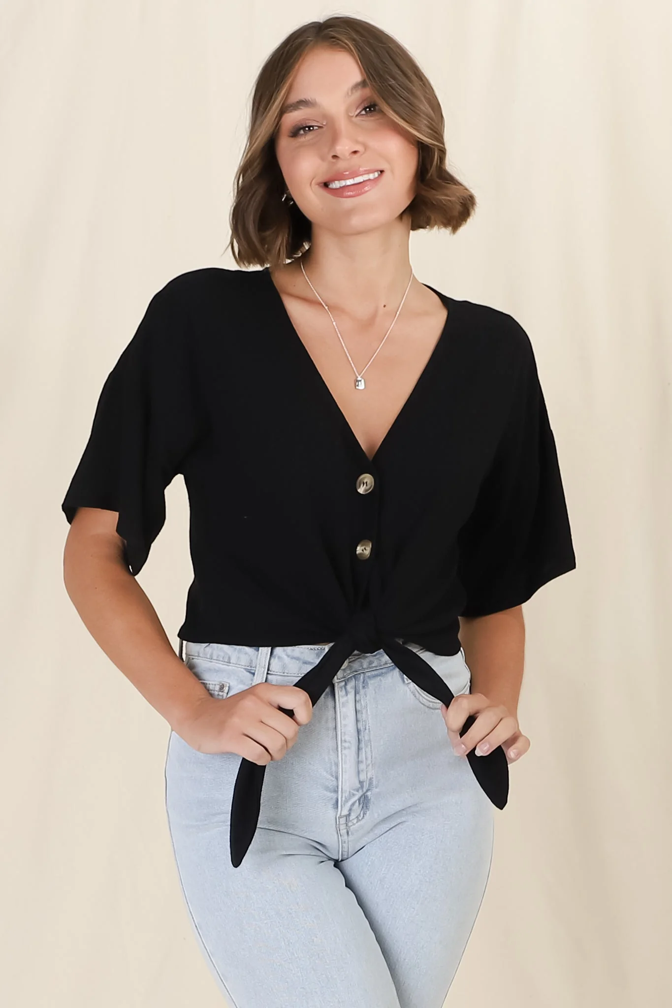 Lanara Top - Button Front Tie Up Top In Black - Image 11